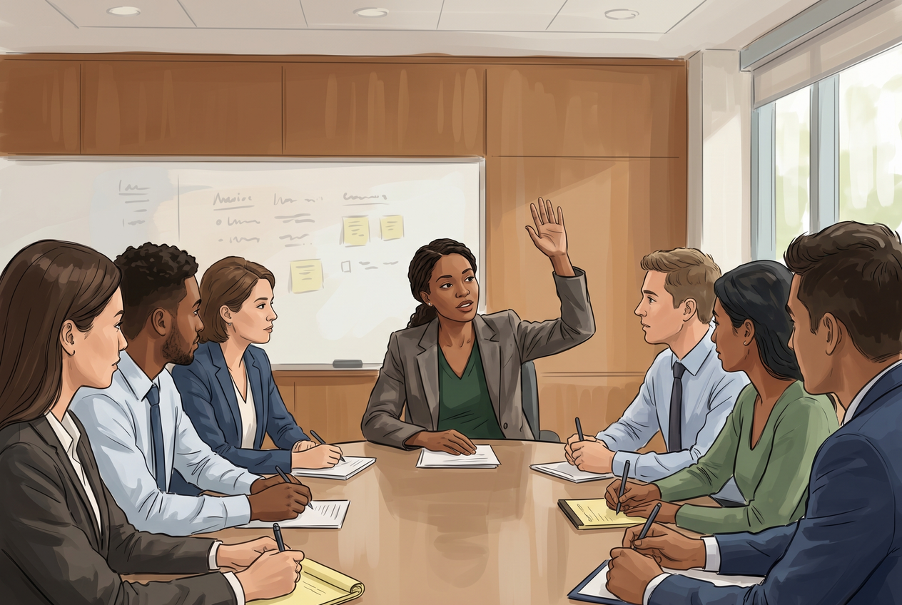 A candidate raising a hand slightly to enter a fast-paced group conversation.