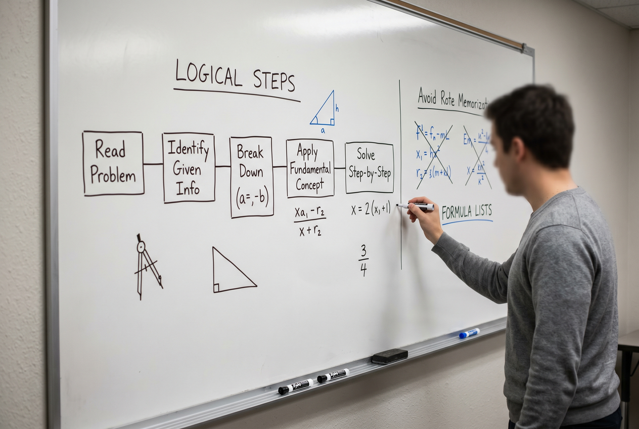 A simple block diagram on a whiteboard representing logical steps