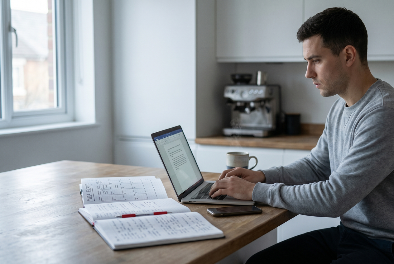 A professional working on a laptop at a kitchen counter early in the morning with study notes beside them.