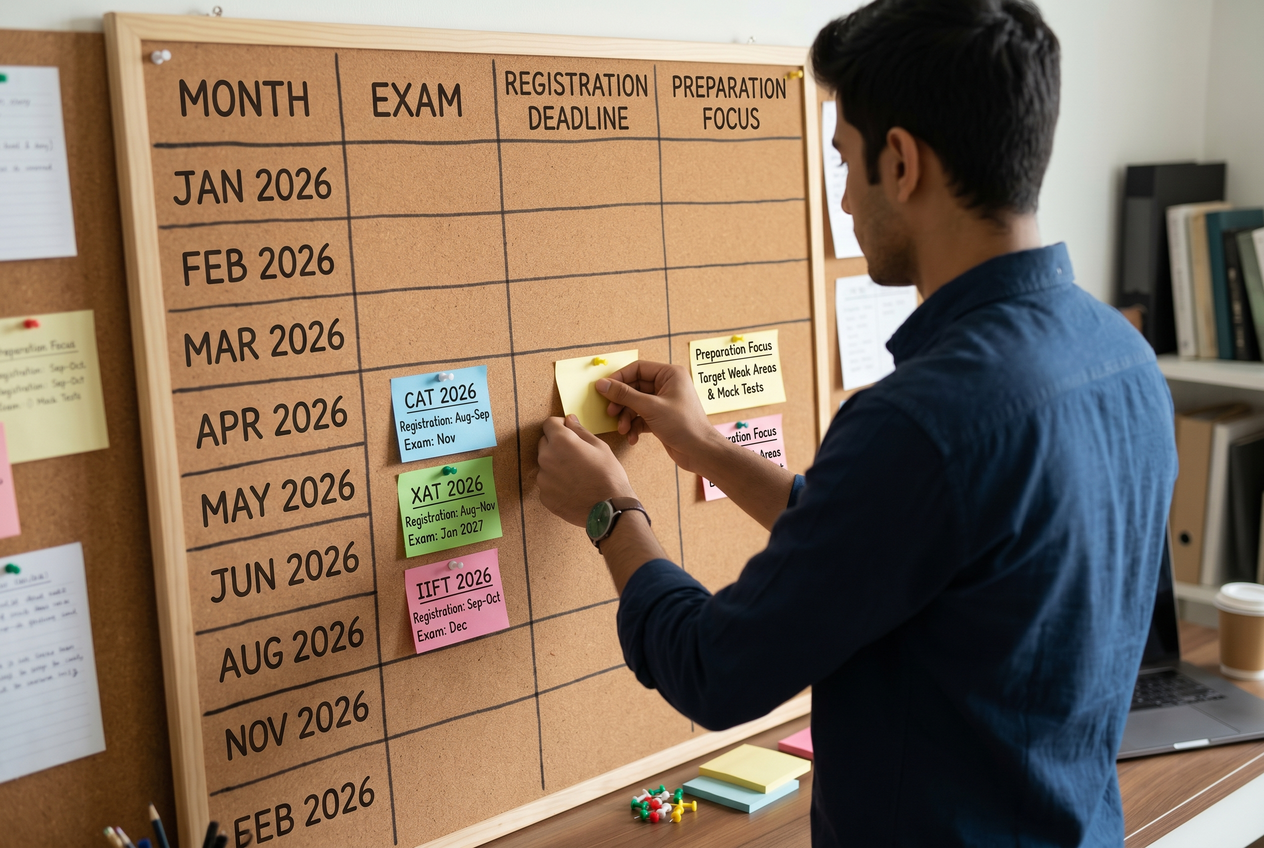 A person pinning sticky notes with months written on them to a corkboard.