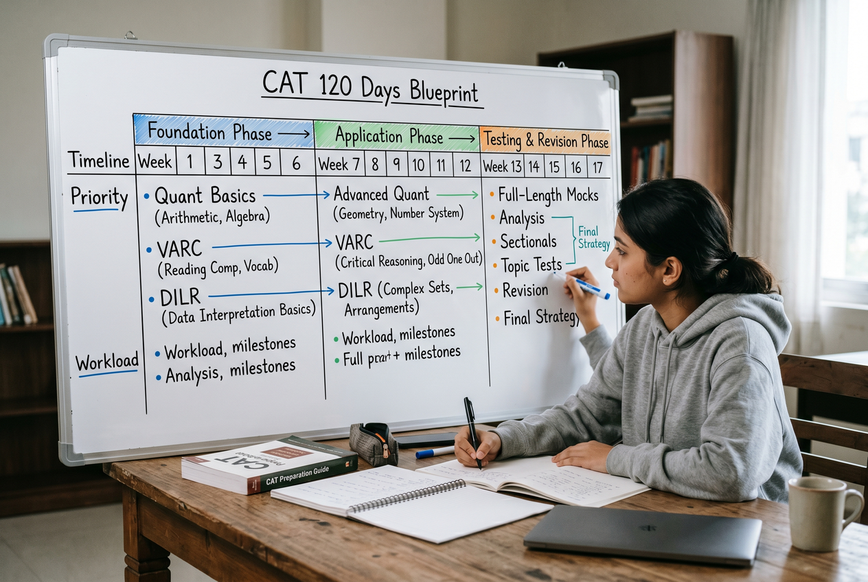 A whiteboard with a structured study schedule divided into foundation, application, and testing phases.