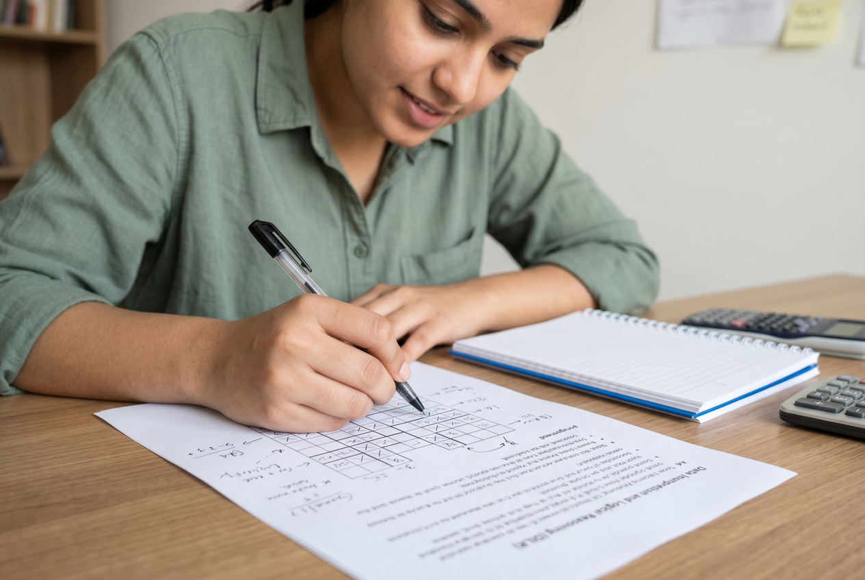 A close-up of a student solving a logical reasoning puzzle on paper.
