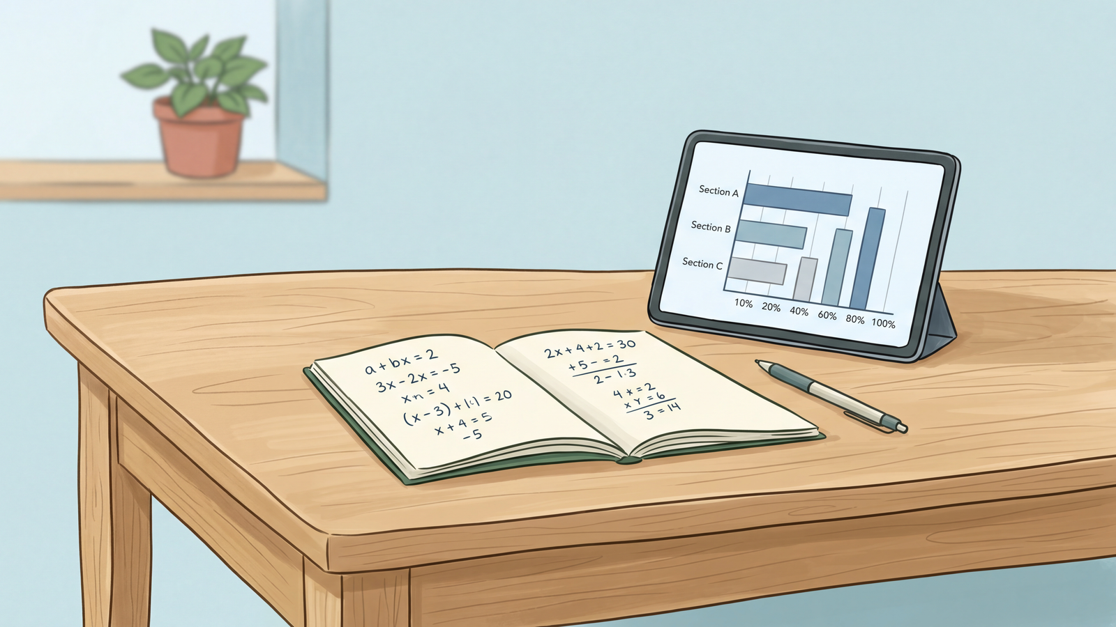 A clean study desk featuring an open notebook with basic math equations and a tablet displaying a simple bar chart.