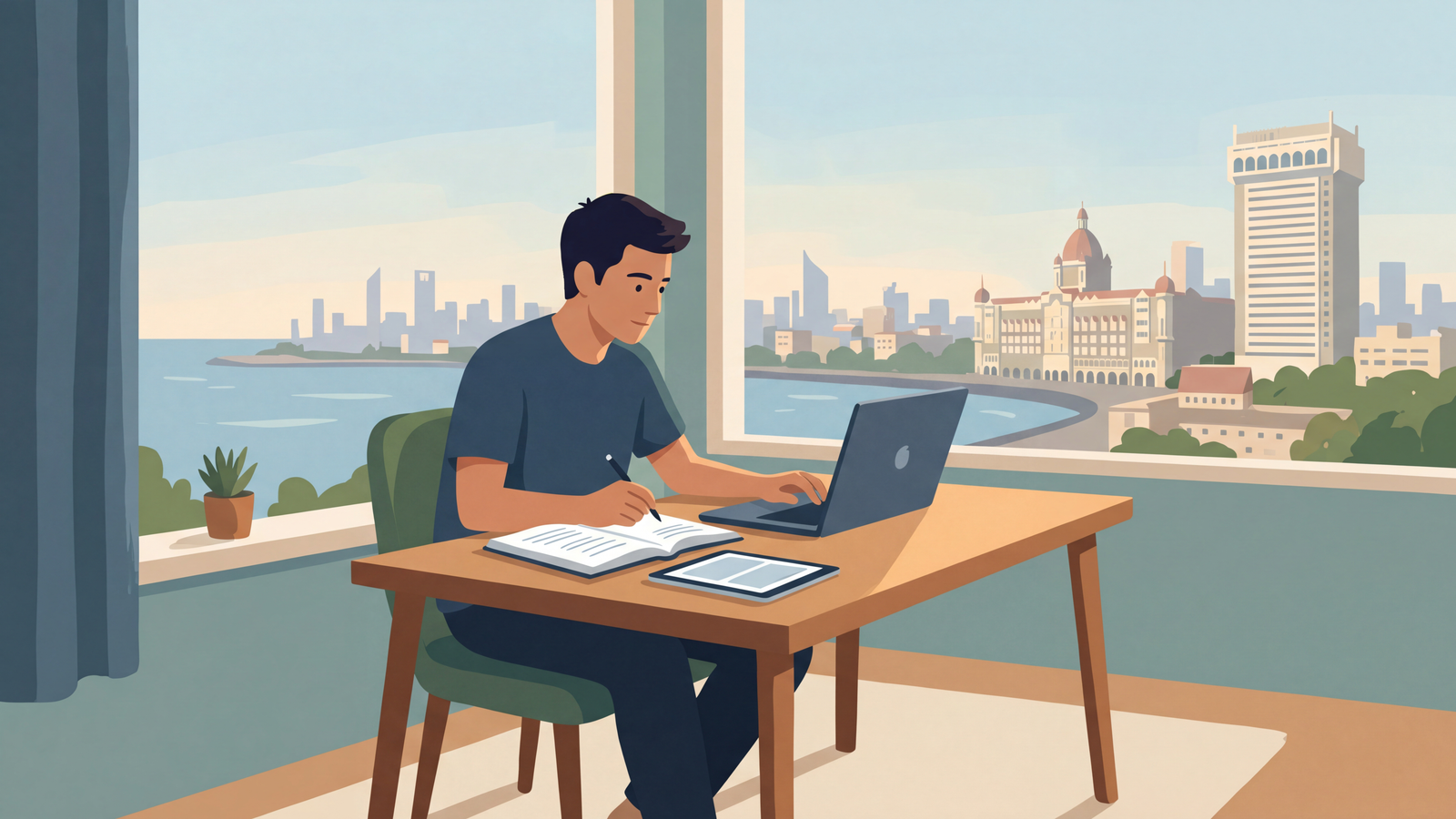 Student studying online for CAT exam with Mumbai skyline in background