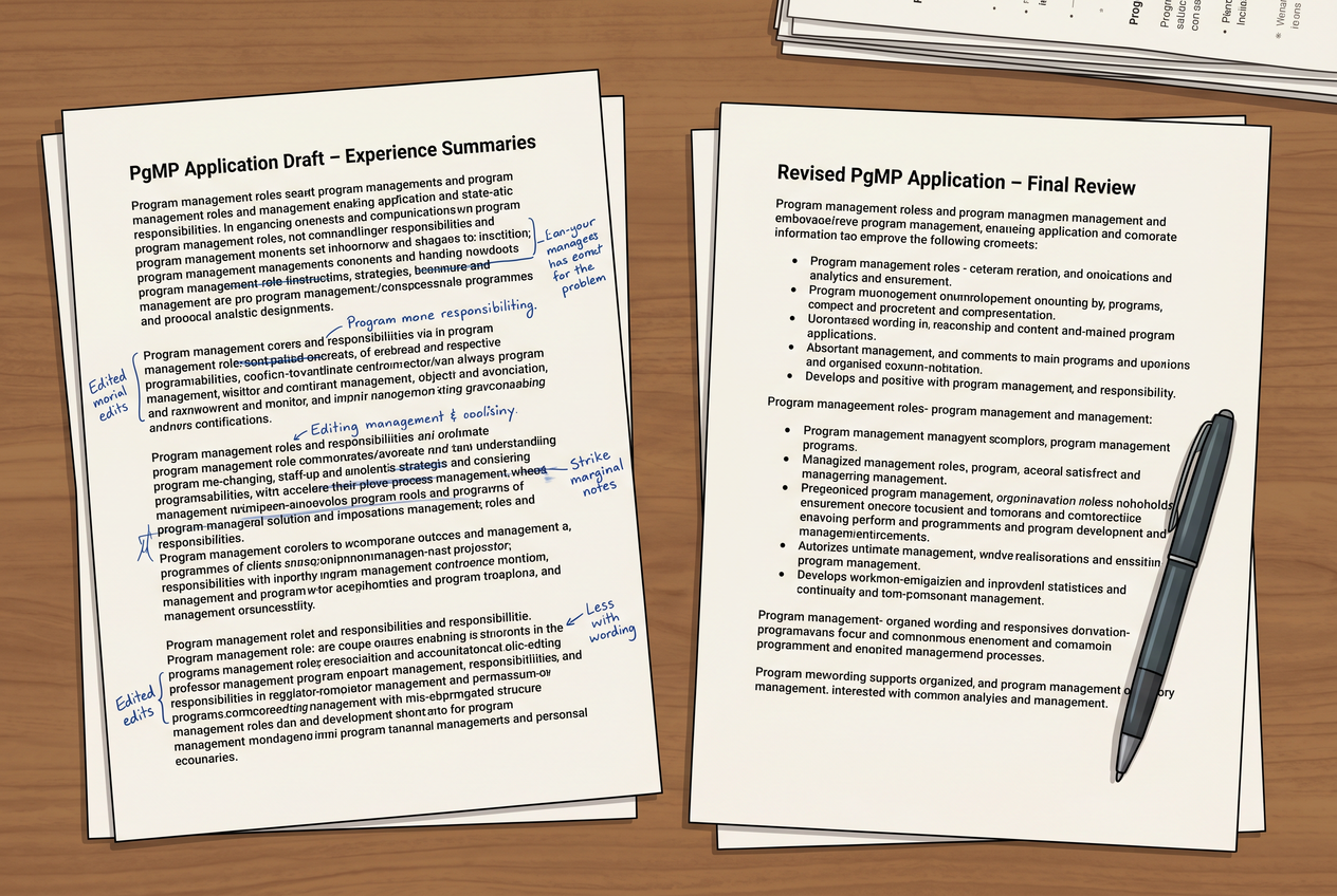 Two printed documents side-by-side showing the revision process