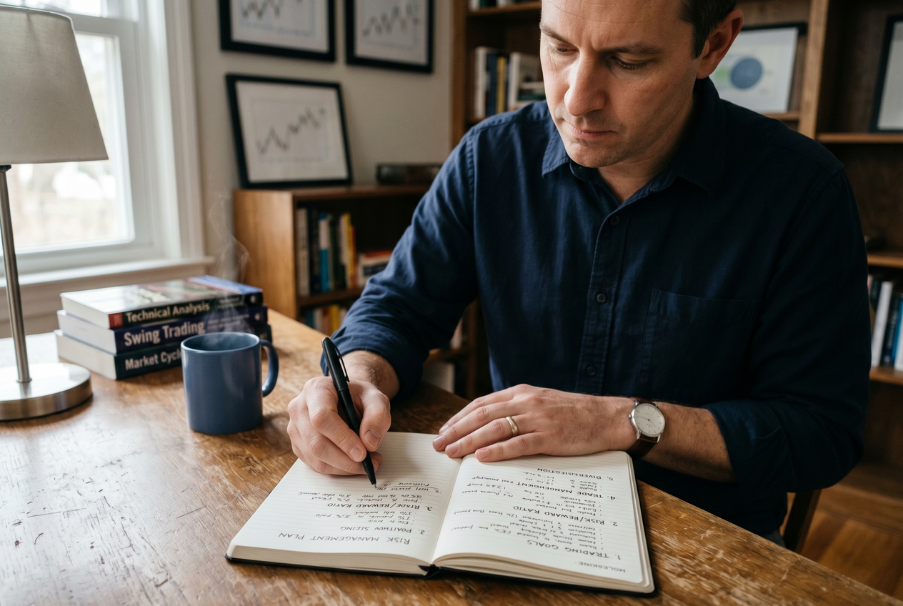 A person writing a risk management plan in a notebook.