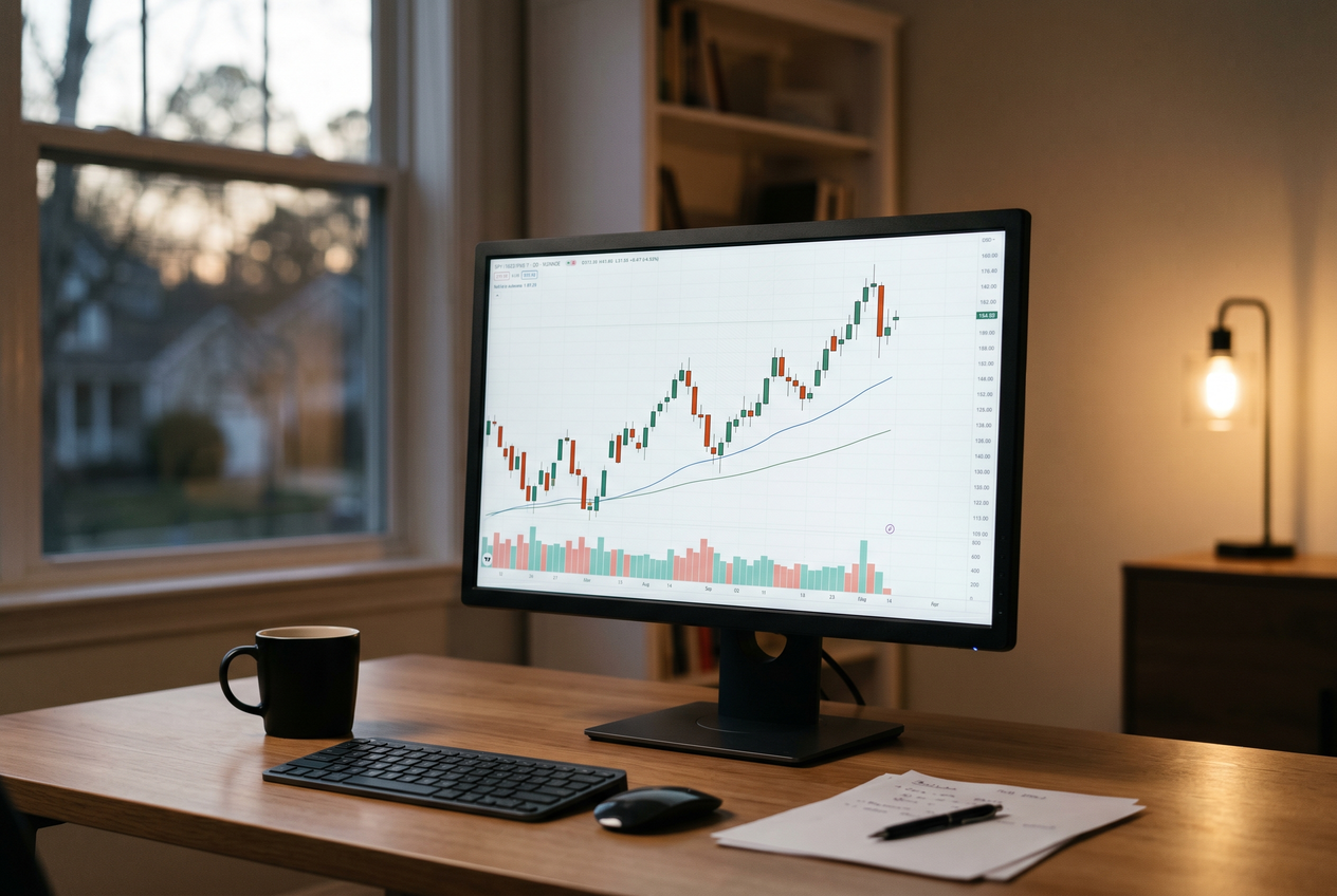 A calm evening workspace with a single monitor displaying a daily chart.