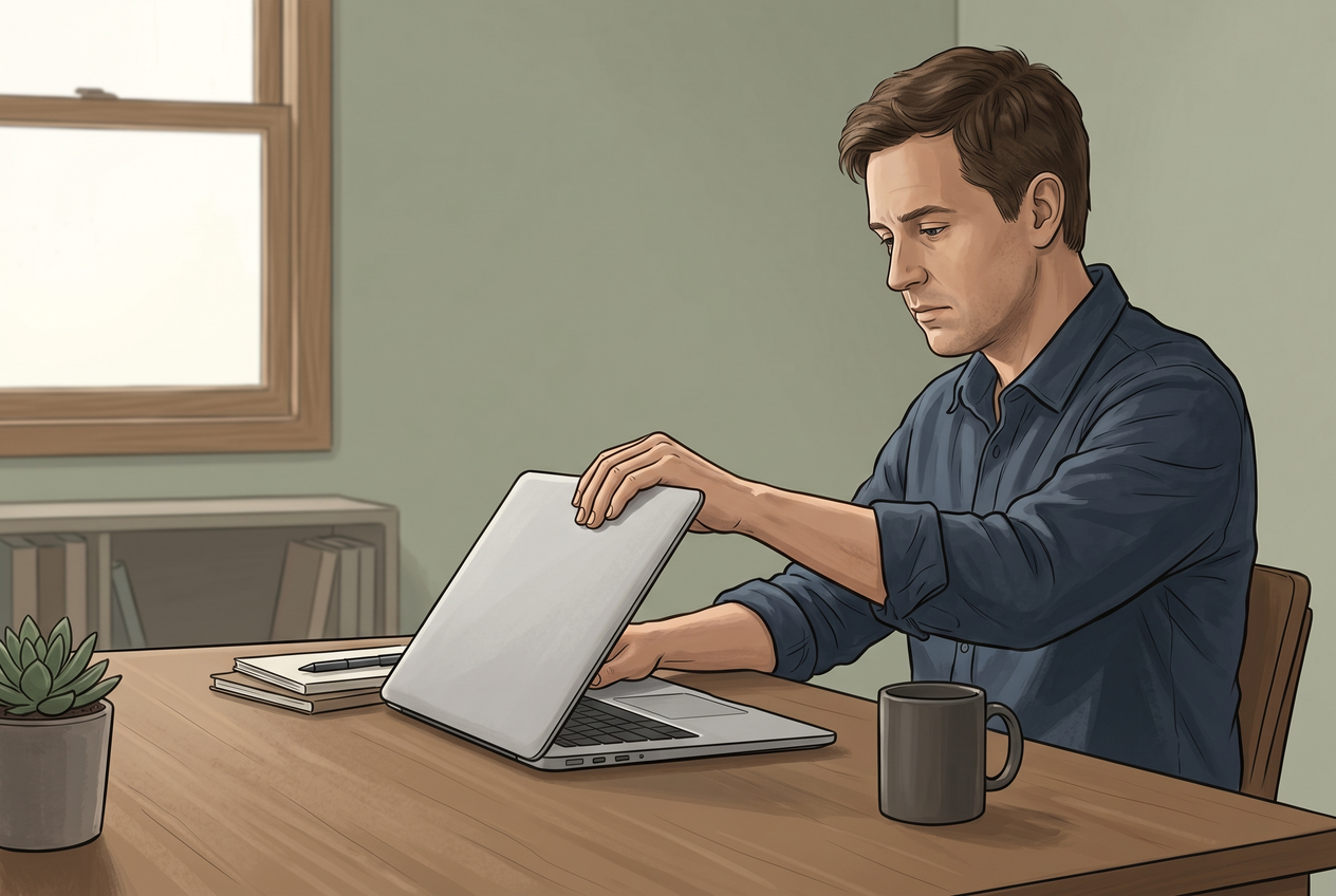 A person closing their laptop to step away from the desk.