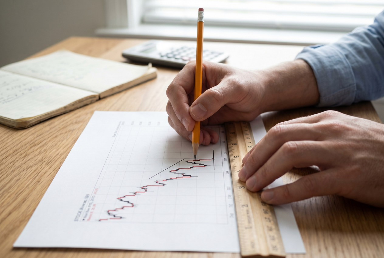Hands using a ruler and pencil to measure a printed financial chart.
