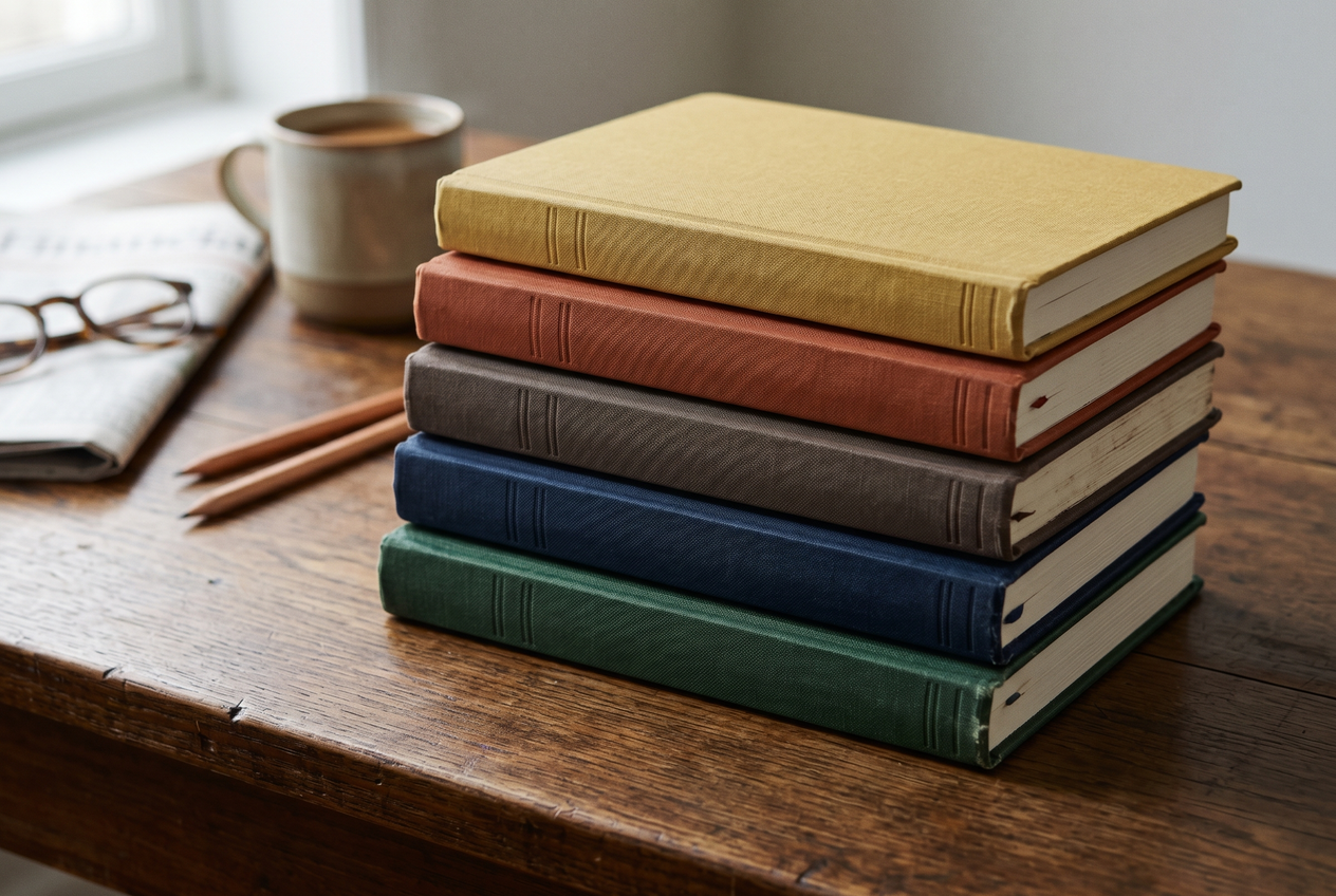 Five stacked notebooks representing the pillars of a trading system.