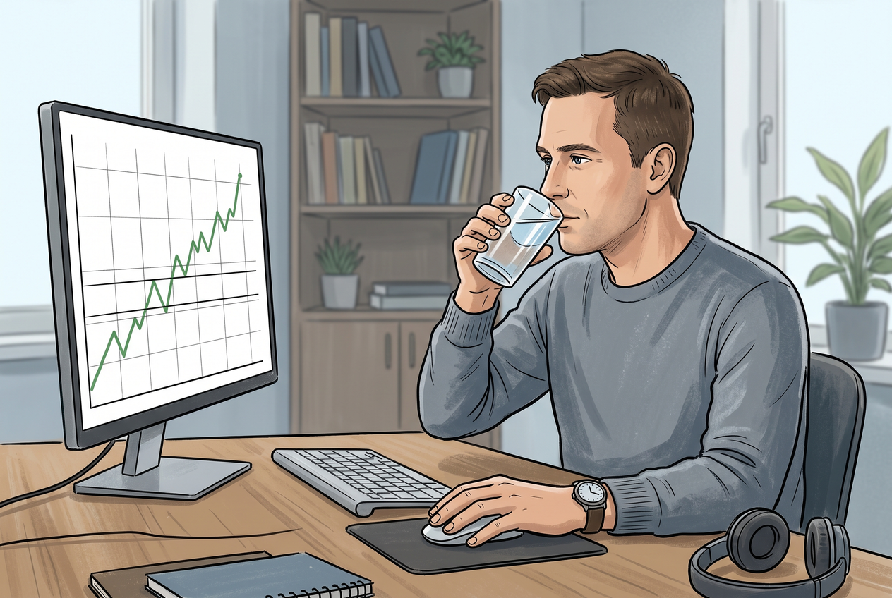 A trader calmly drinking water while looking at a basic line chart on a monitor.