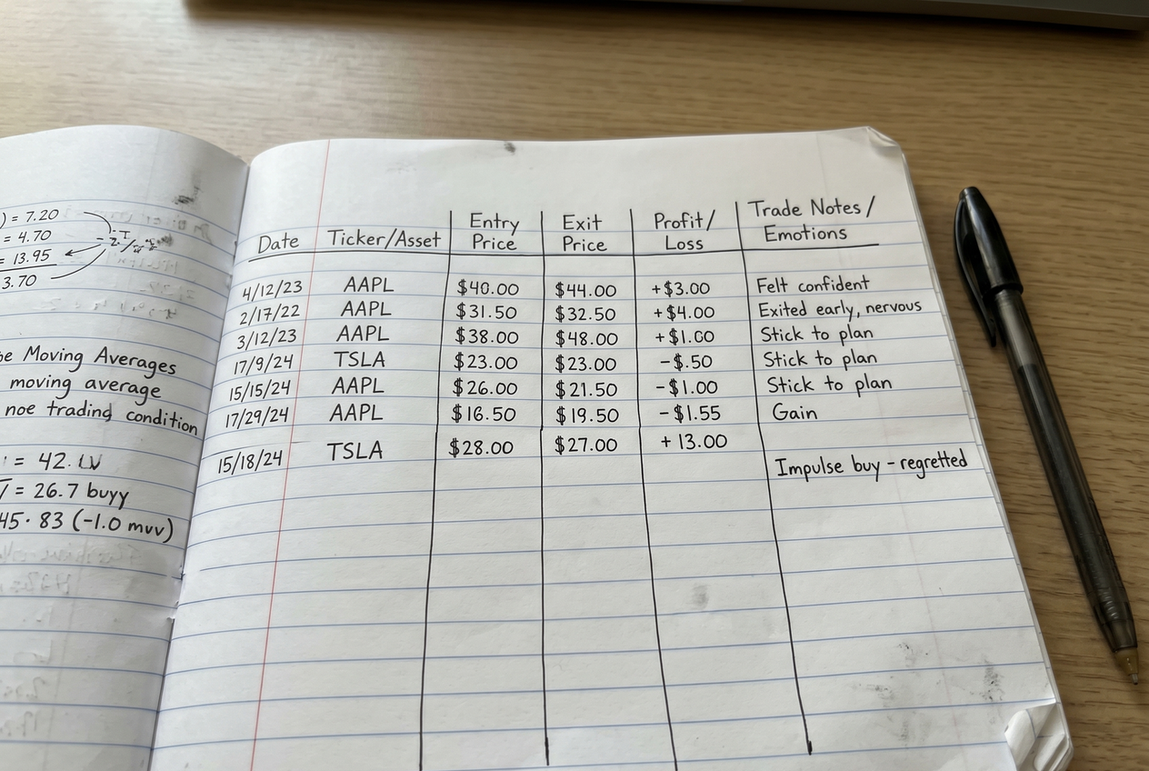 A close-up of a handwritten trading journal with columns for entry, exit, and emotions.