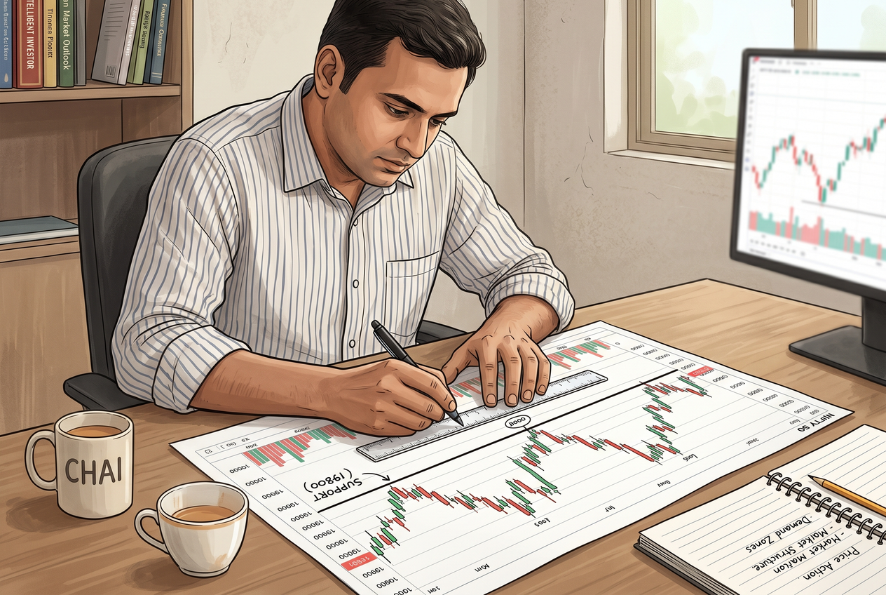 A trader drawing a horizontal support line on a printed candlestick chart.