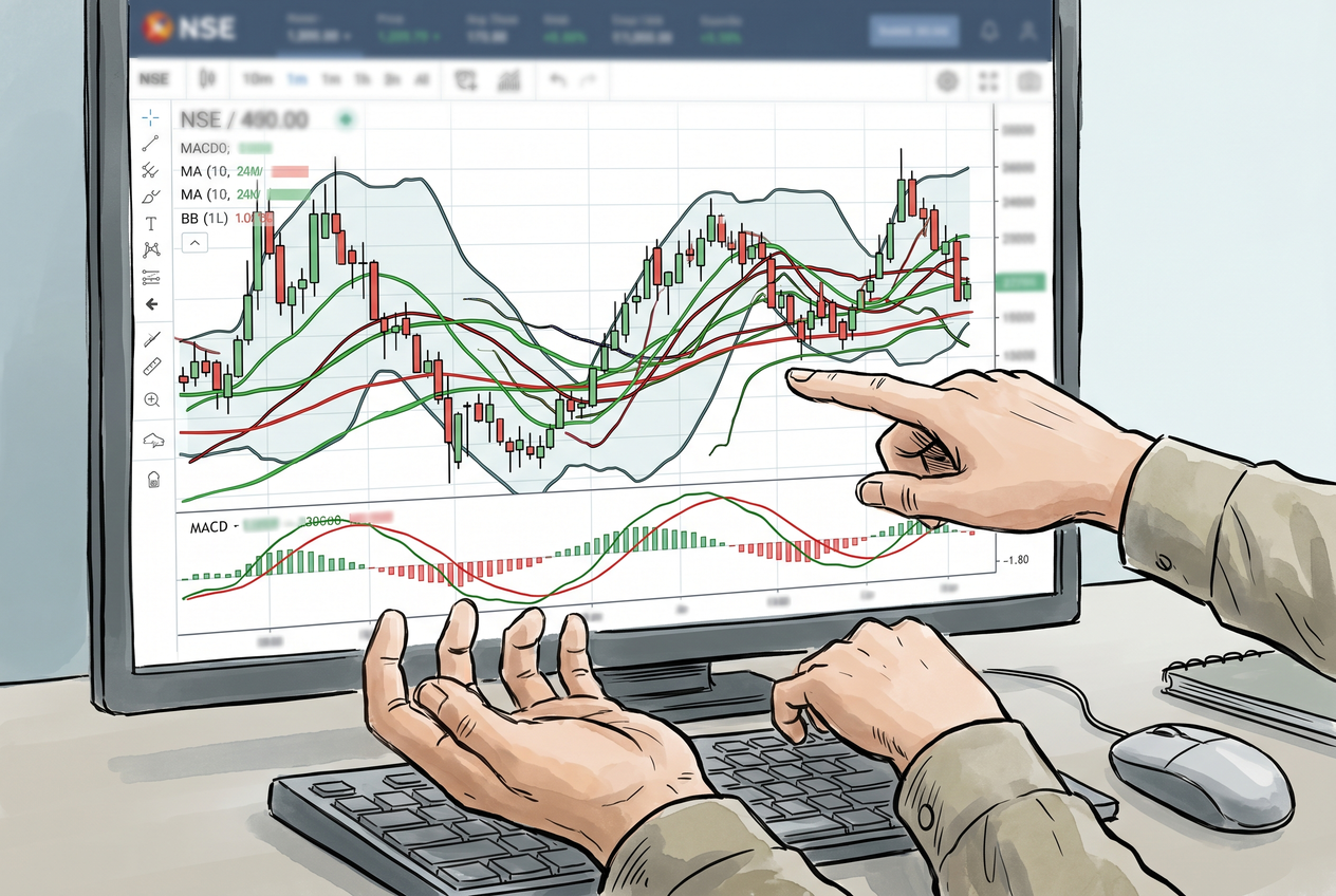 A heavily cluttered stock market chart covered in overlapping indicator lines.