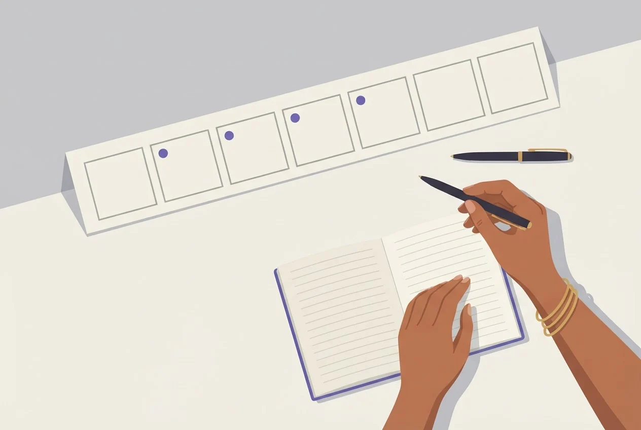 A woman's hands hold a pen over a row of seven blank squares, three of them marked with violet dots, next to an open notebook.