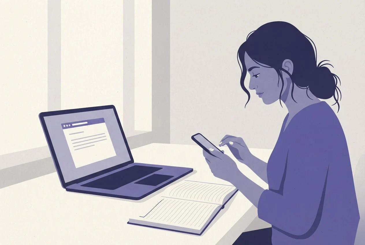 A woman hesitates with her thumb over her phone beside a laptop and an open notebook, delaying a message she has not sent.