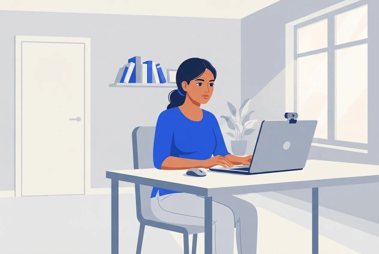 A candidate sits at a clear desk in a quiet home study, facing a laptop with a webcam, set up for a remotely proctored exam.