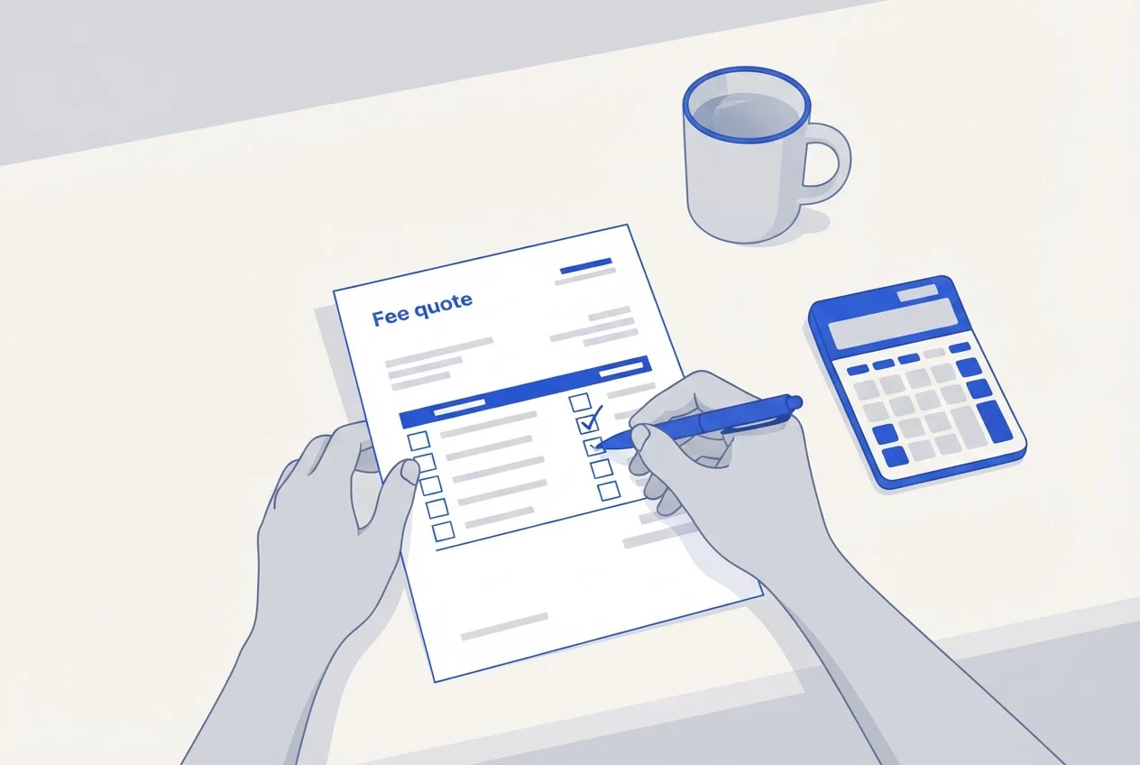 Hands tick off a checklist beside a printed fee quote, a calculator and a cup of tea on a desk.
