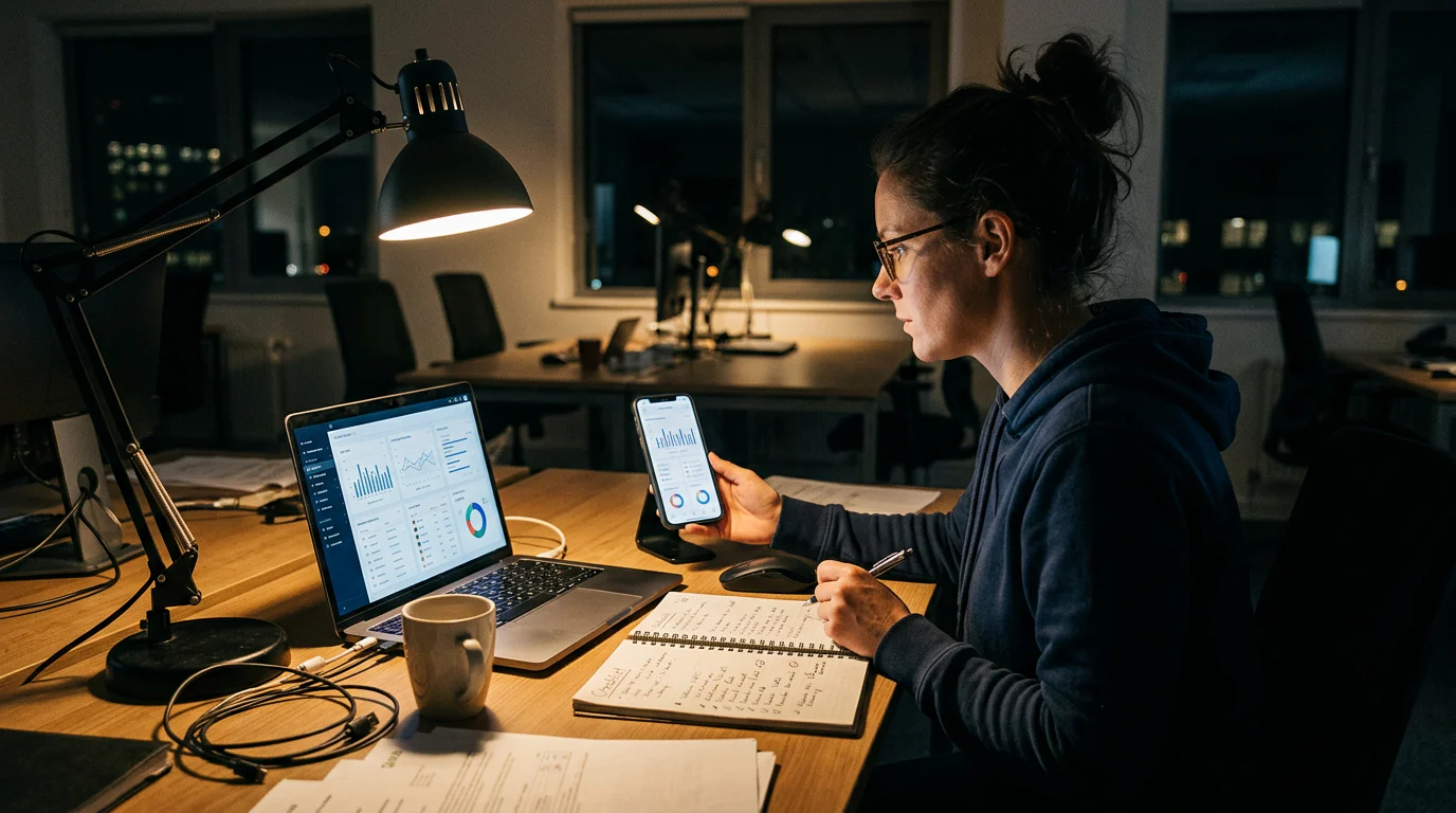 Investigator testing an online course on laptop and phone