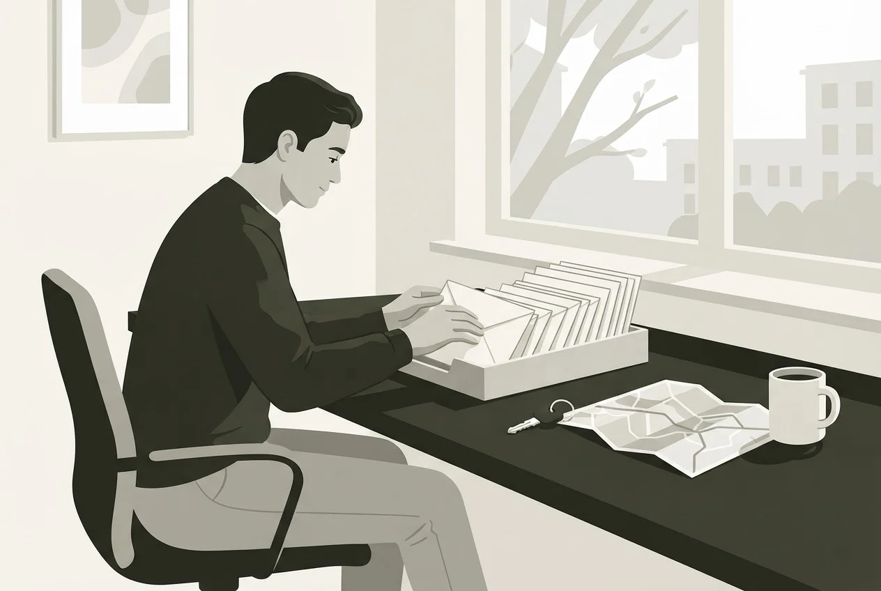 A person at a home desk sorts a stack of envelopes beside car keys and a map.