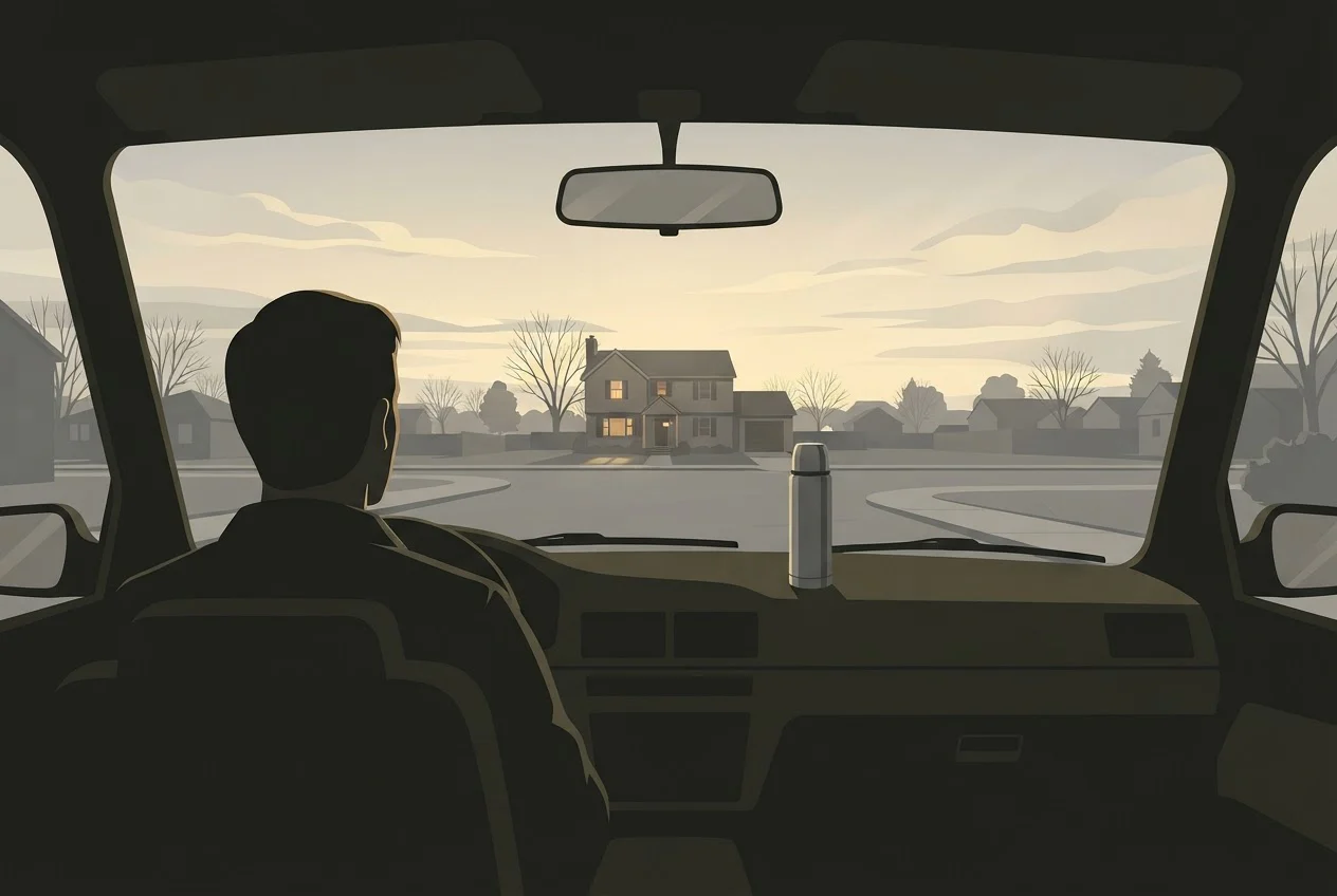 A person waits in a parked car at dawn, watching a house across the street.