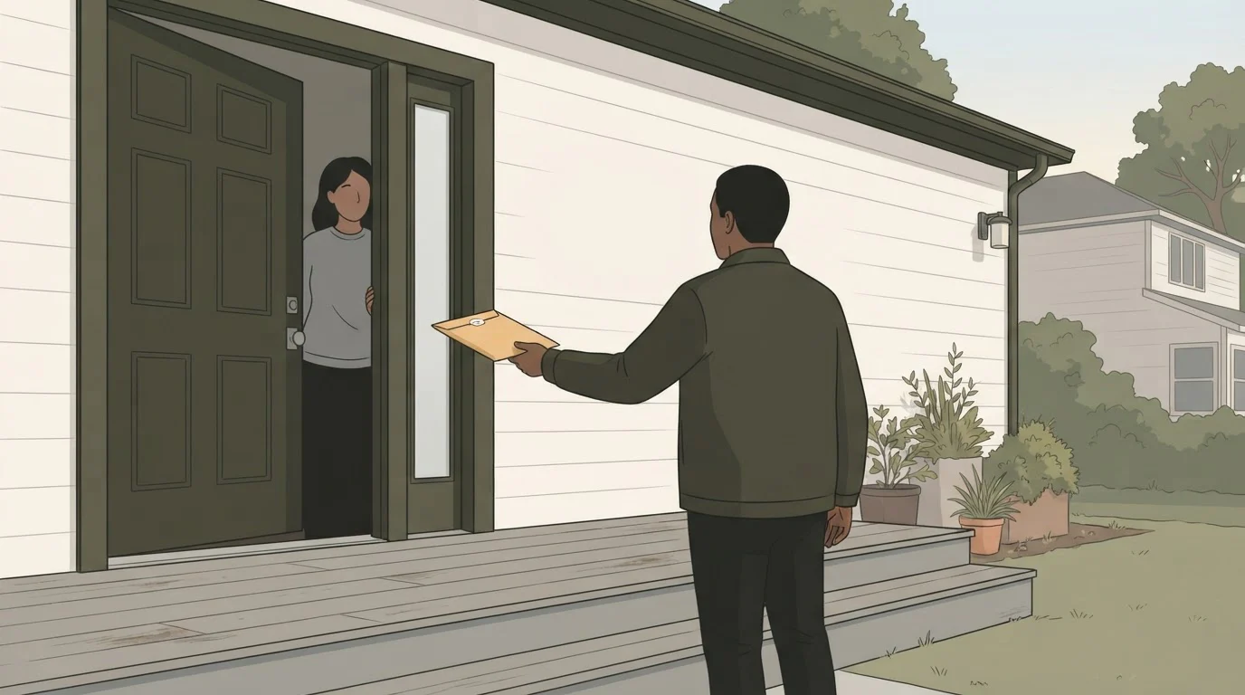 A process server on a house porch hands a sealed envelope to a resident at the front door.
