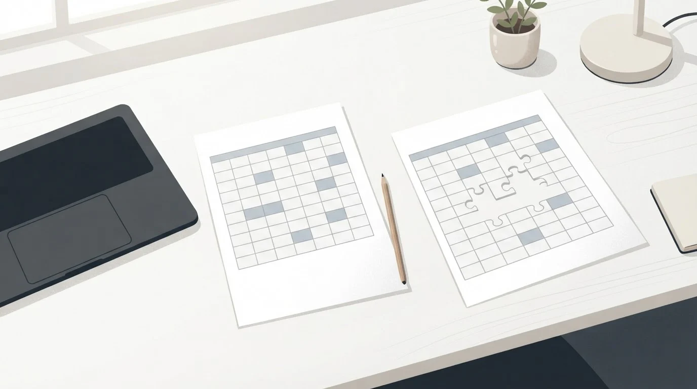 A tidy desk with a laptop and two paper sheets, one marked up with highlighted cells and one with empty gaps, ready for planning content.