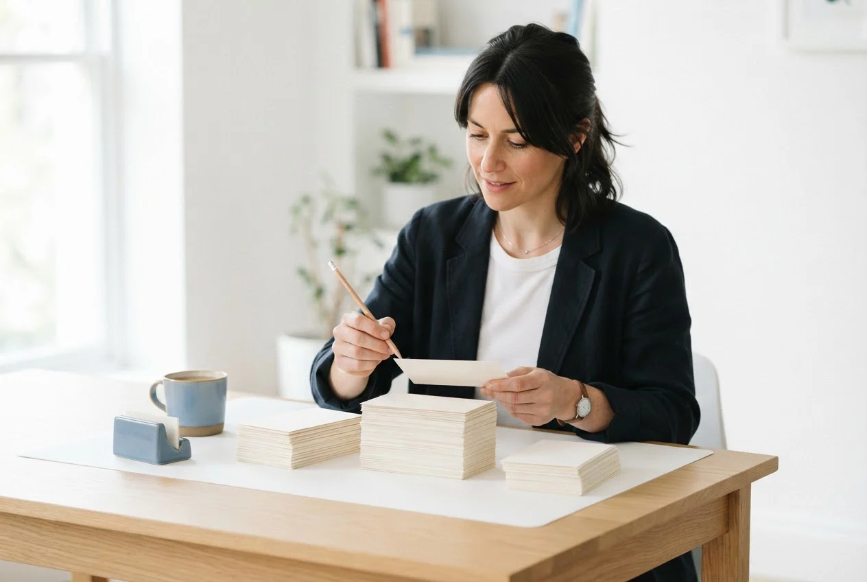 A woman sorting paper cards into three stacks of different heights at a table.