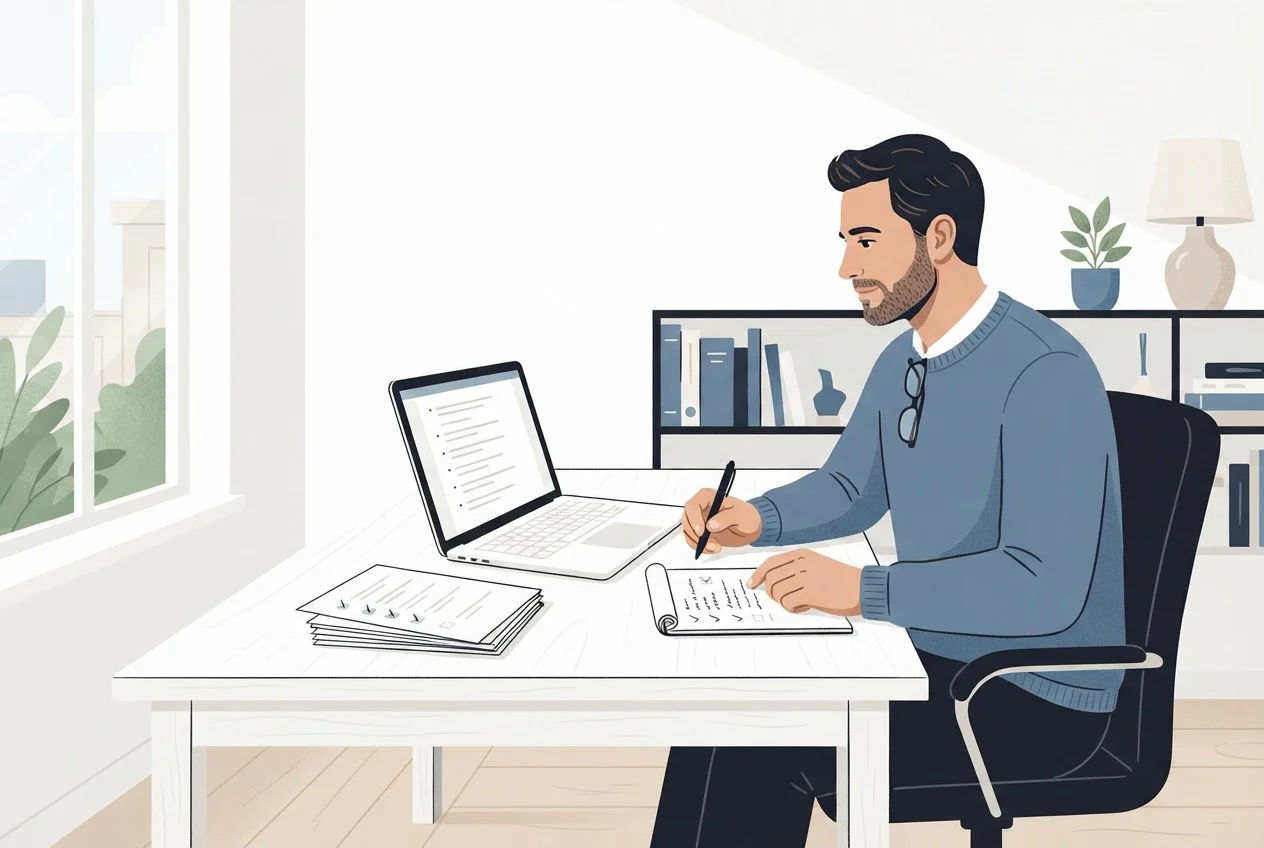 A man at a desk with a laptop and a notepad, checking a stack of question sheets, some ticked and some blank.