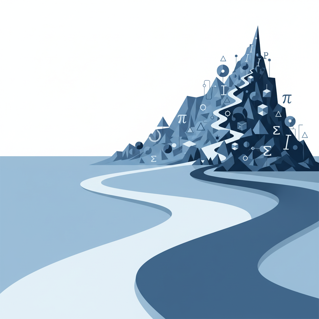 Conceptual illustration of multiple paths representing different test series, with one path climbing a steep, challenging mountain ridge of mathematical symbols.
