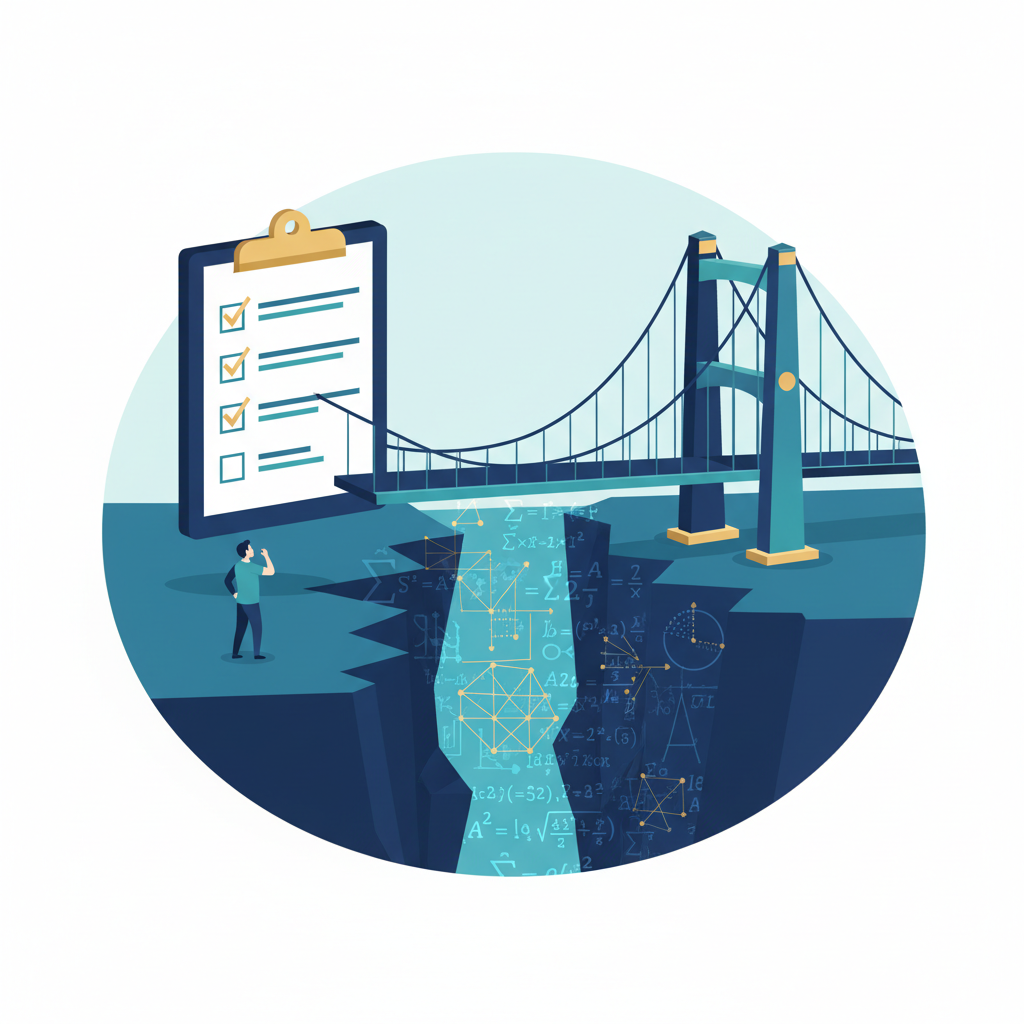 A conceptual illustration of a checklist turning into a bridge that safely crosses a deep chasm of complex equations.