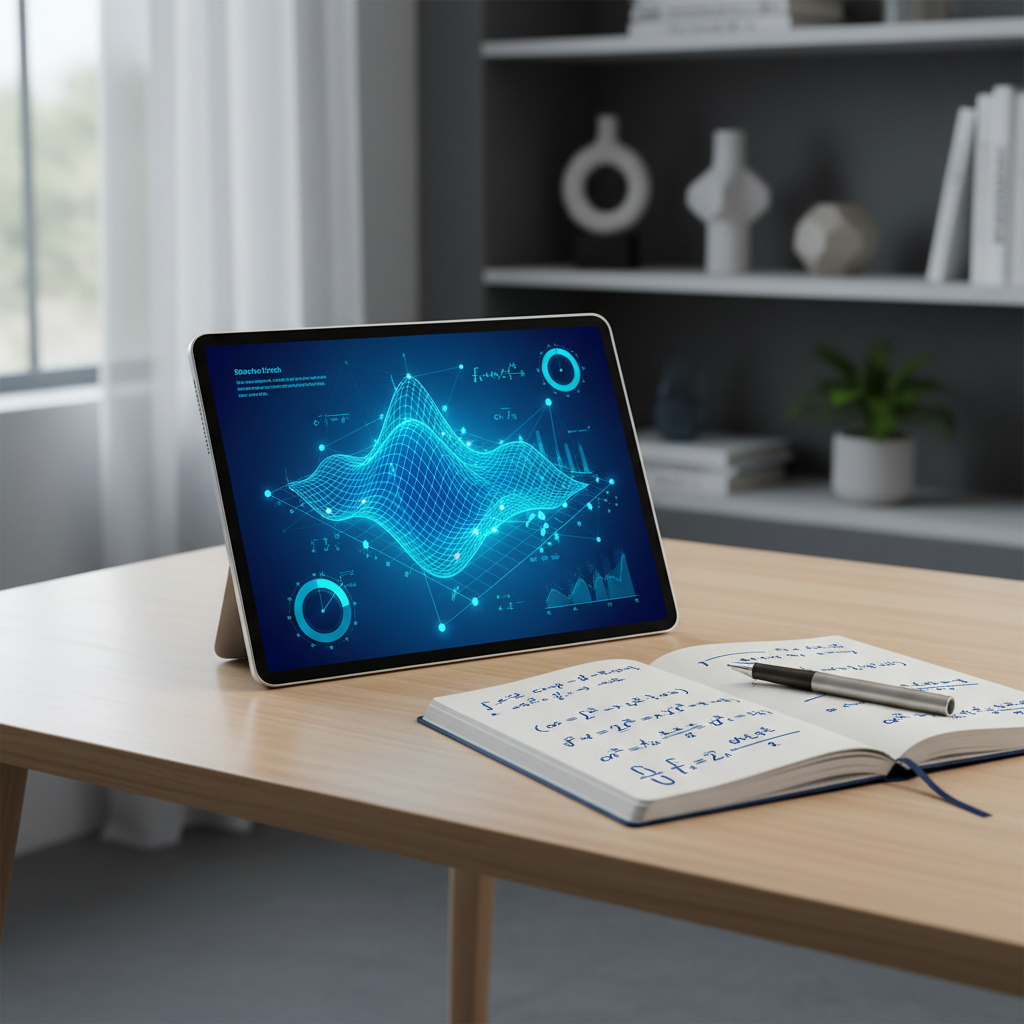 A modern study desk featuring a tablet displaying a 3D mathematical graph with analytical data overlays and a neat notebook.