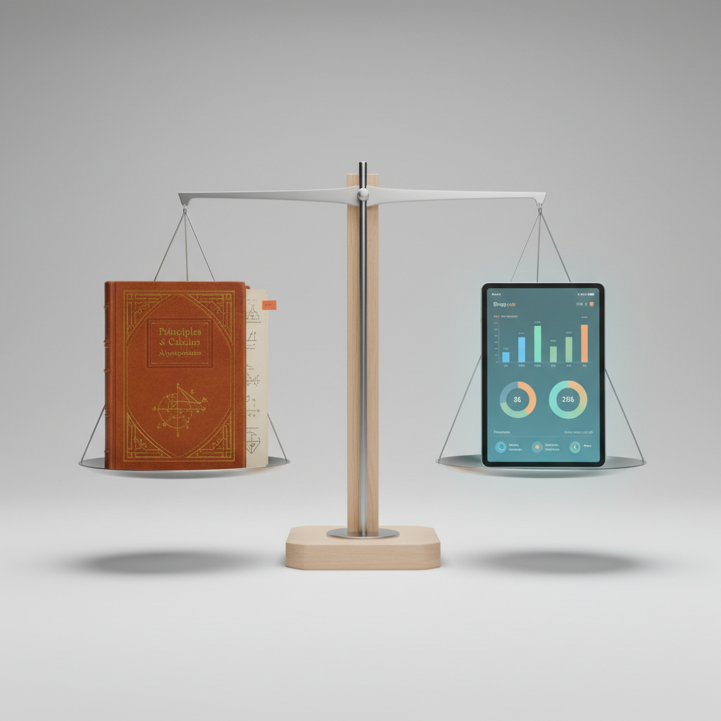 A minimalist balance scale weighing a classic textbook against a modern digital tablet displaying a progress dashboard.