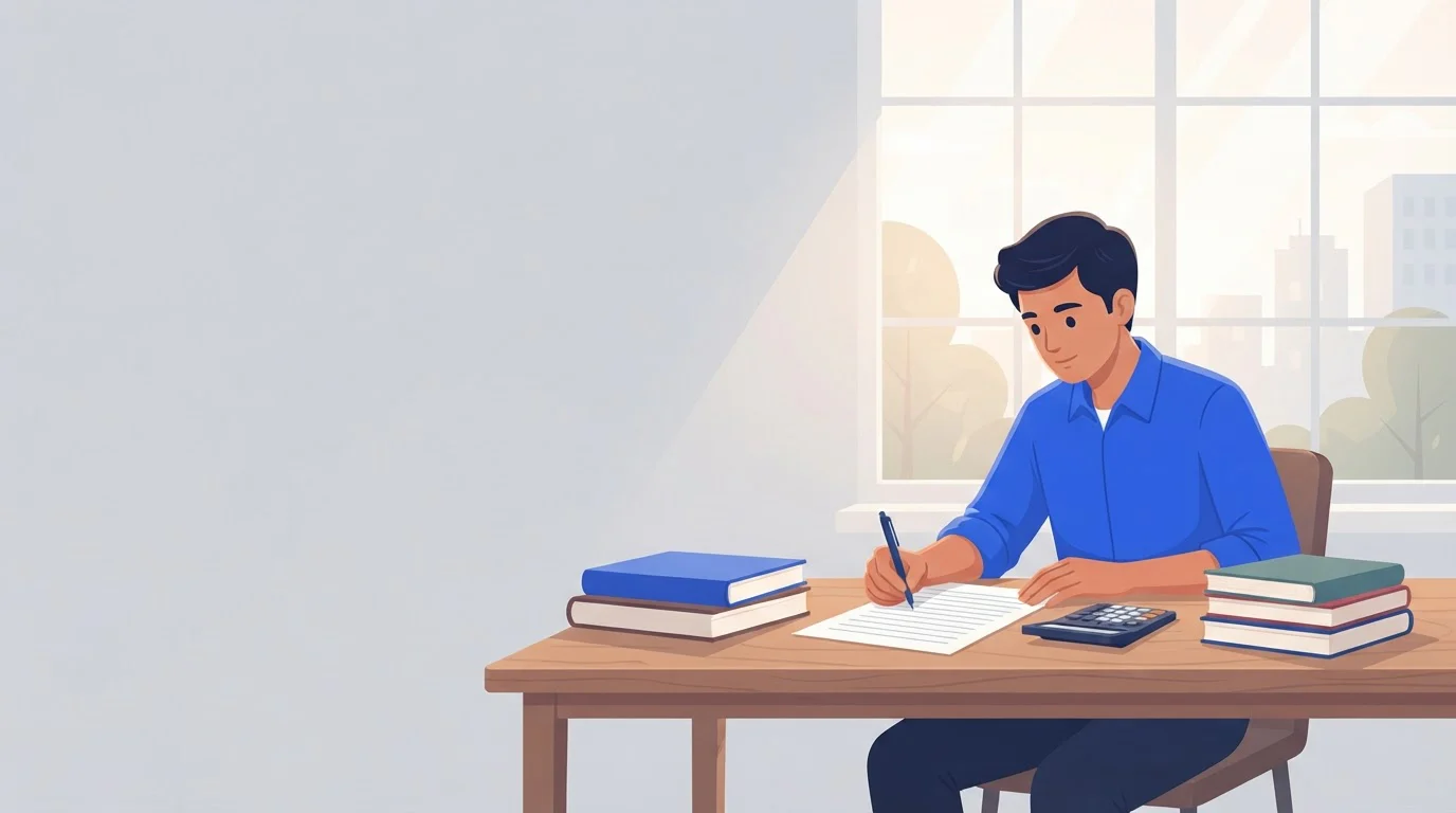 A student at a desk by a window works through an accounting problem with a pen and calculator.