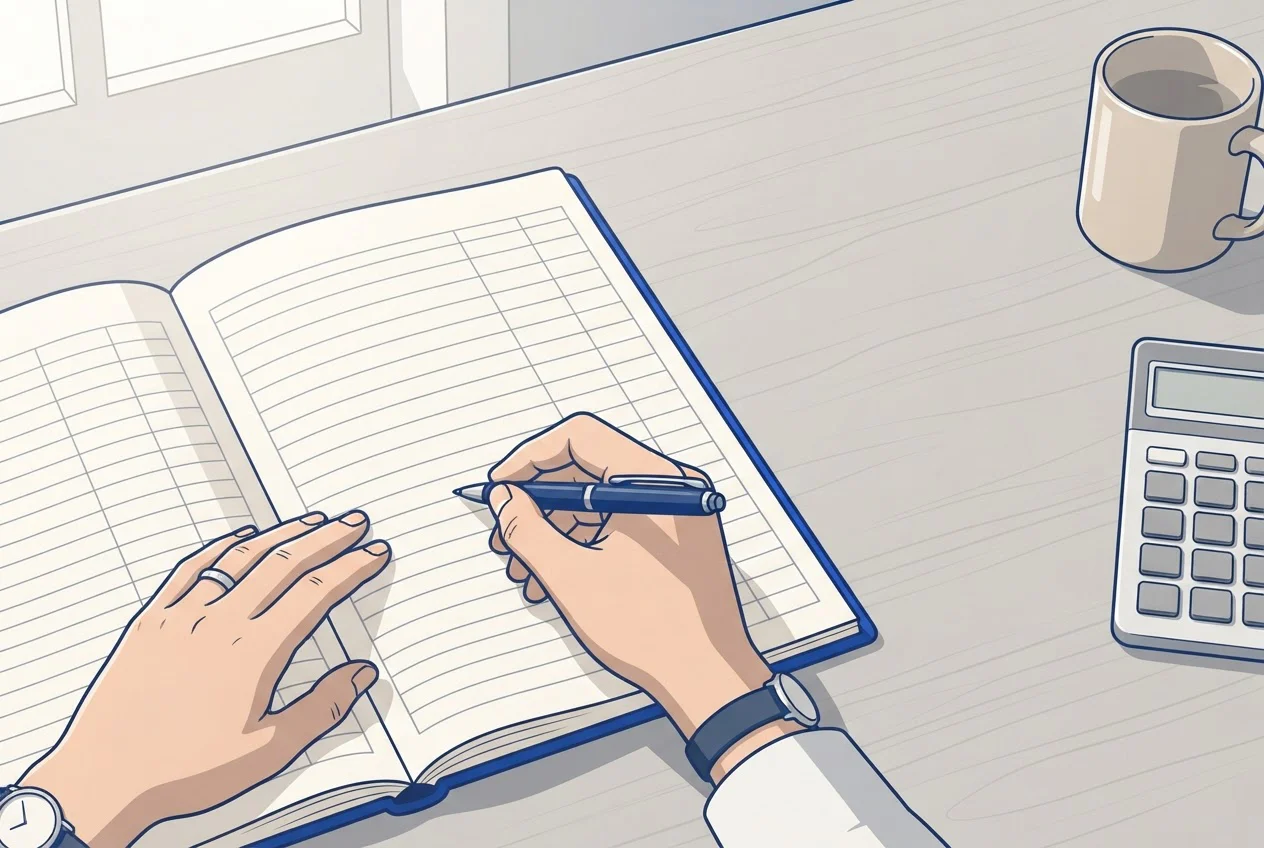 A hand writing in a ruled ledger notebook beside a calculator and a mug.
