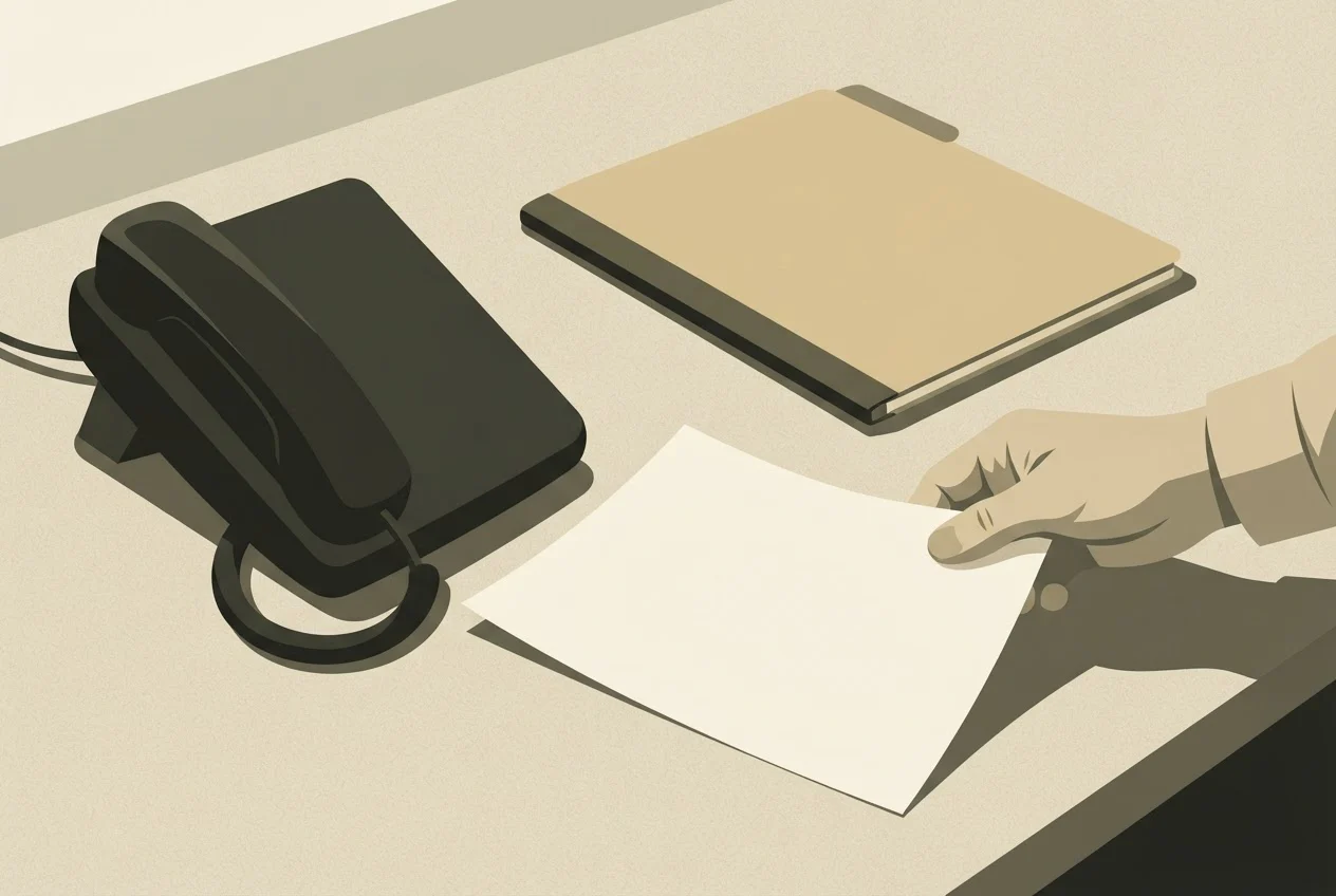 A hand pushes a sheet of paper away from a desk phone handset resting beside a closed folder.
