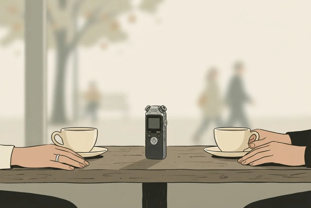 A voice recorder sits on a cafe table between two coffee cups and two people's hands.