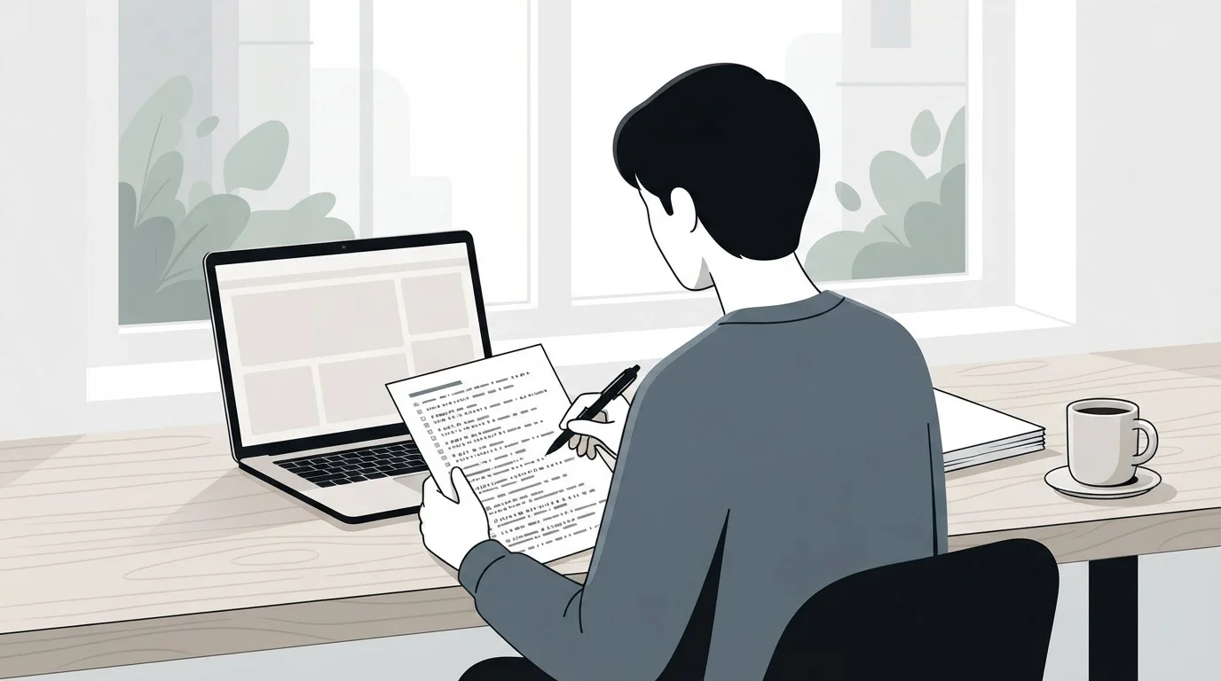 A person at a desk reviewing a printed list of prospect websites with a pen beside an open laptop.