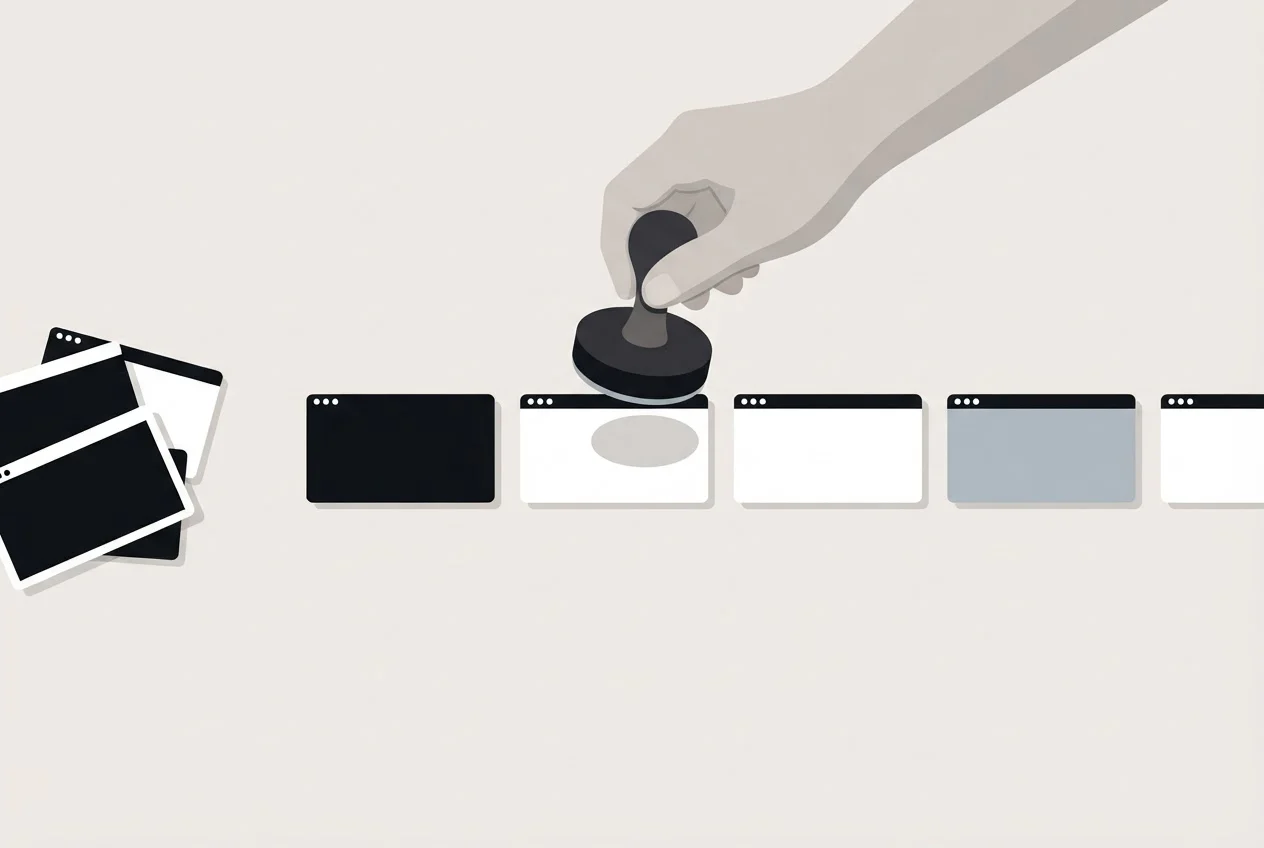 A hand sorting simple website windows into a kept row and a discard pile on a table.