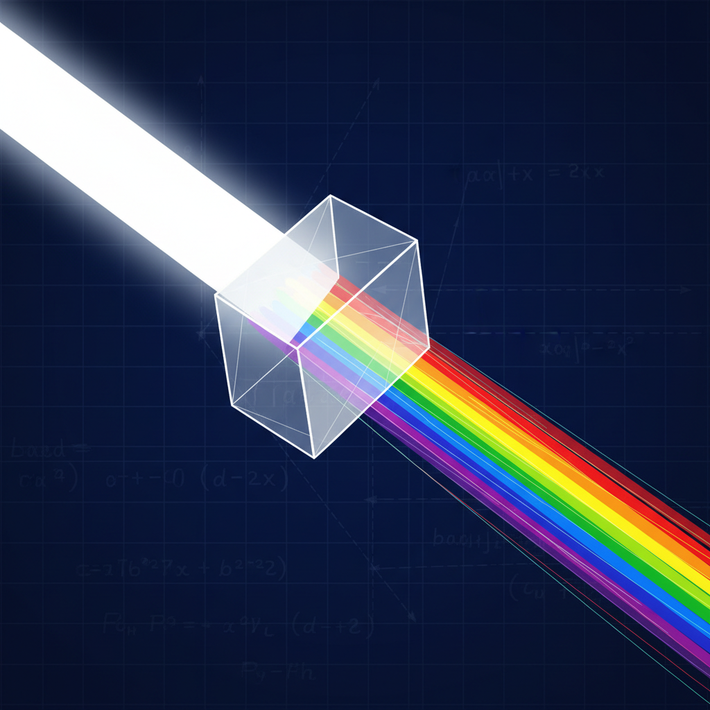 An abstract visual of a bright white light beam passing through a glass prism, refracting into a focused spectrum of colors against a dark blue background, symbolizing a fast-paced physics crash course.