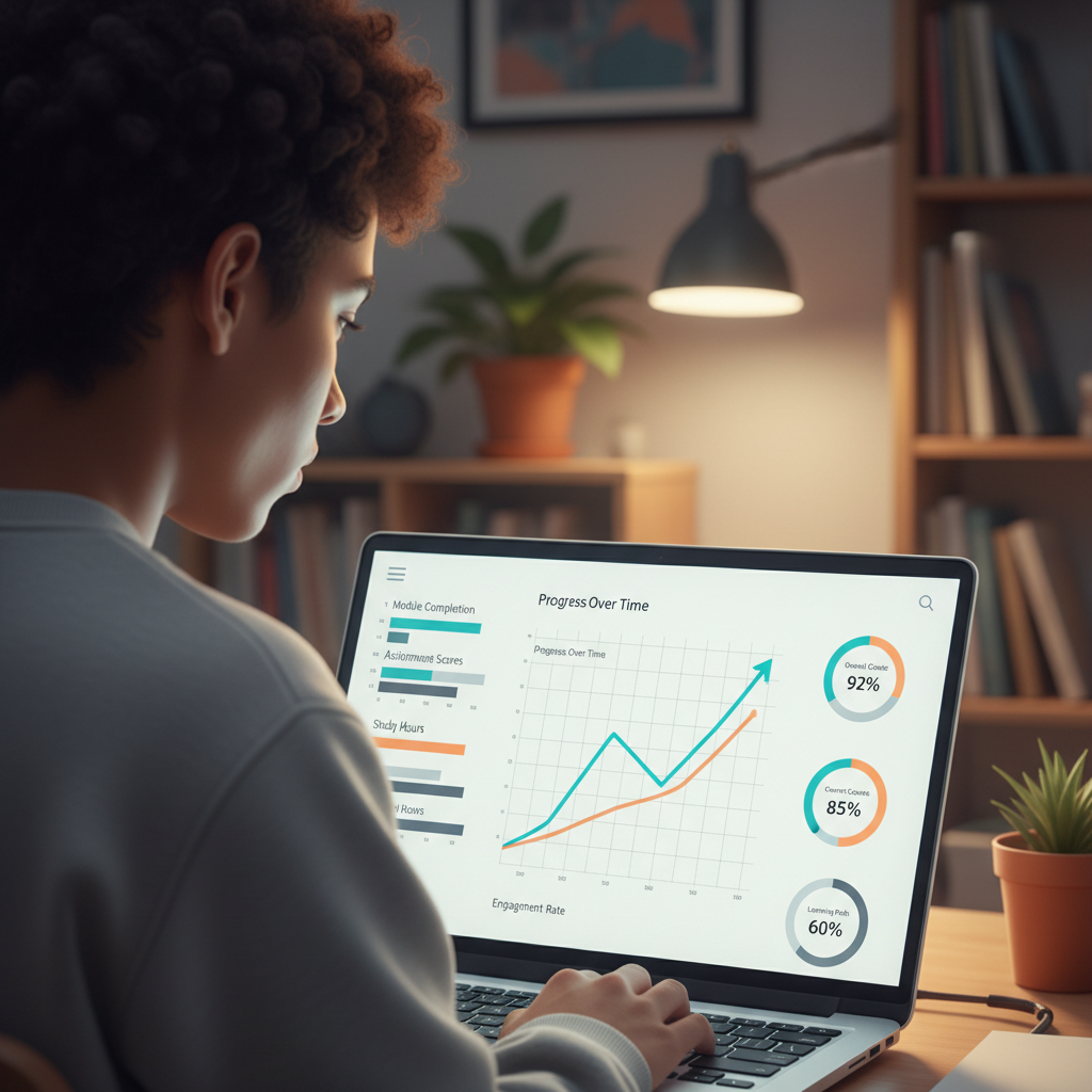 A laptop screen displaying a clean, modern student analytics dashboard with colorful progress charts, performance metrics, and upward-trending data.