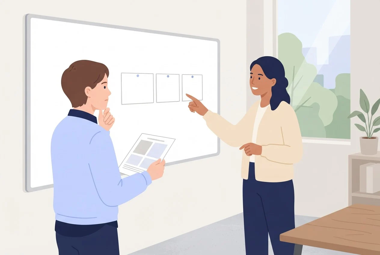 Two marketers at a whiteboard with three blank cards pinned in a row, planning a creative test.