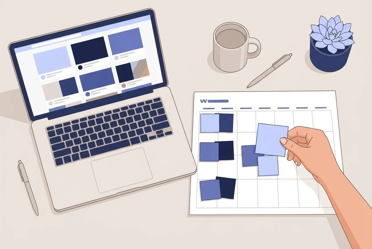 A desk seen from above with a laptop of ad thumbnails and sticky notes being sorted into groups on a weekly calendar.