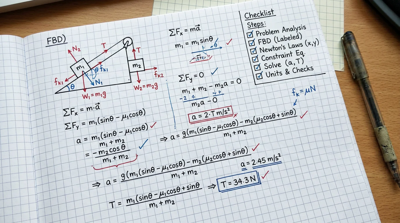 Annotated handwritten Physics solution with diagnostic feedback