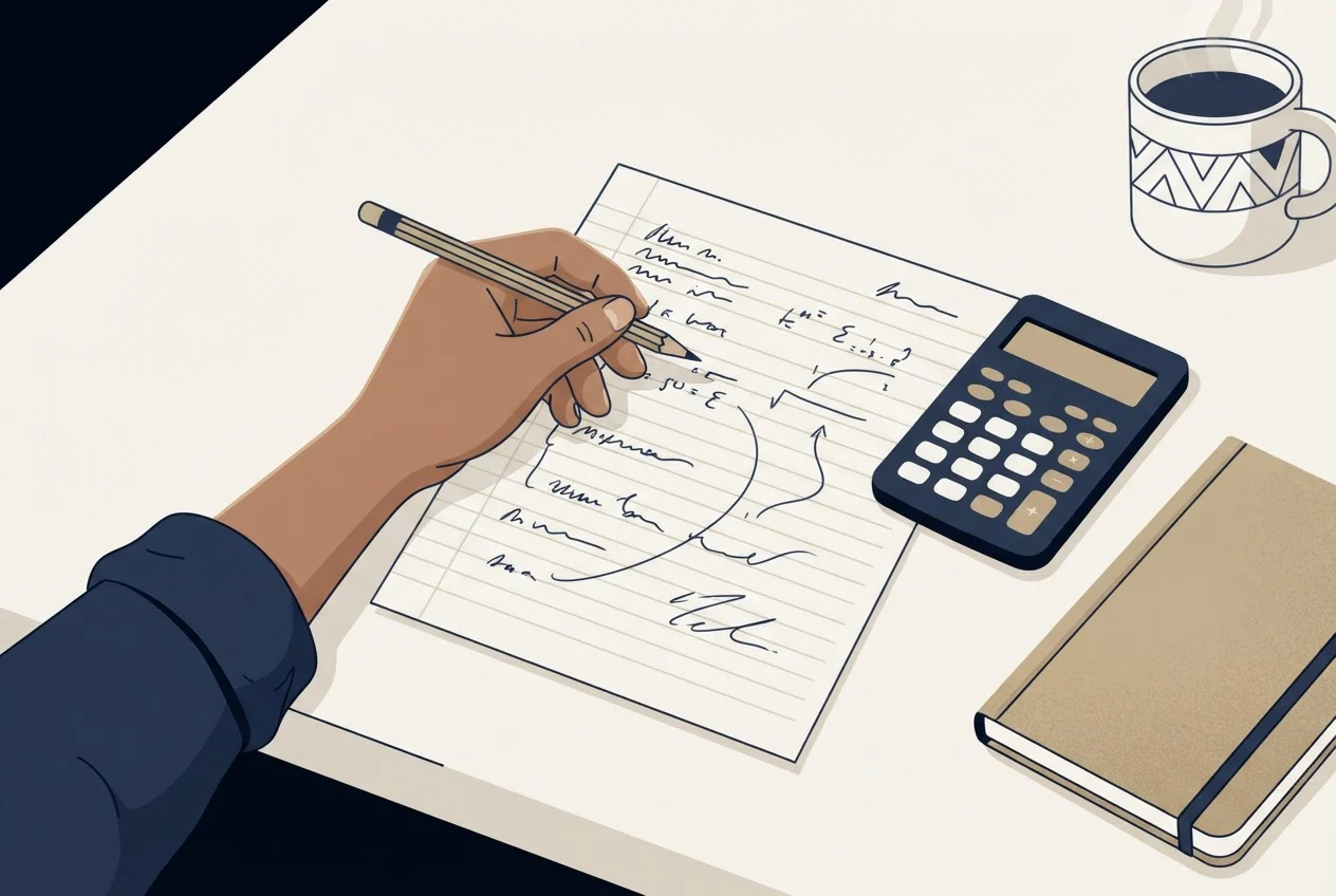 A hand holding a pencil over a worksheet of scribbled working, beside a calculator and notebook on a desk.