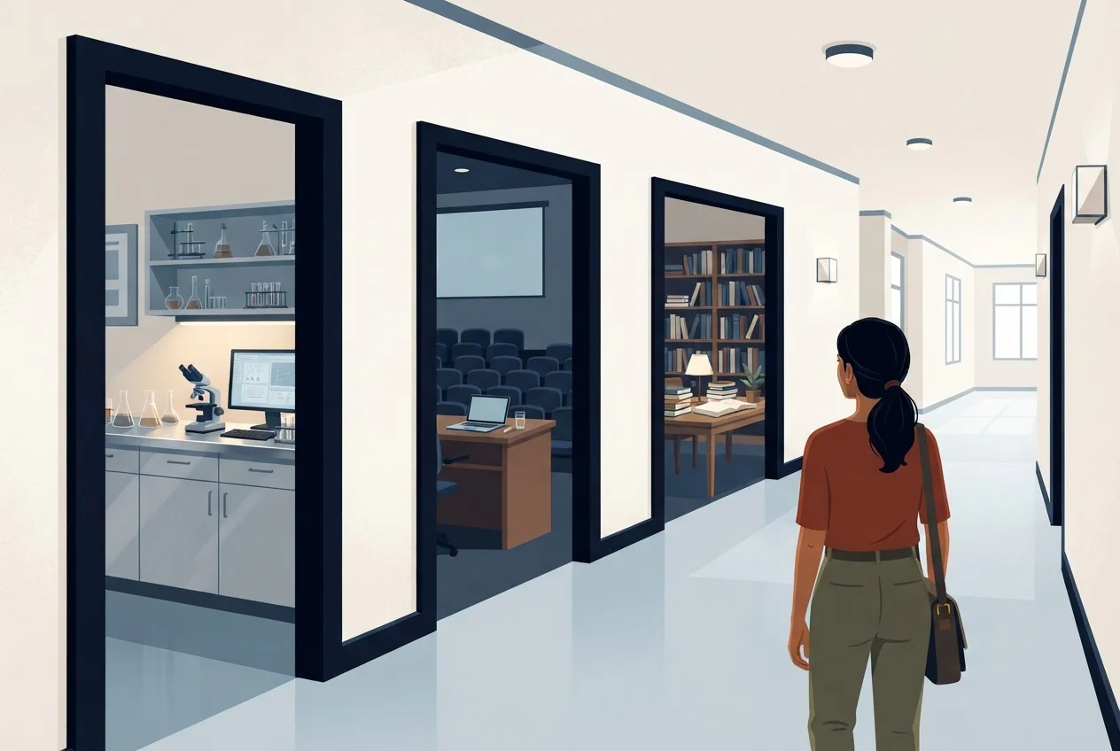 A student stands in a university corridor facing three doorways leading to a lab, a lecture hall and a library.