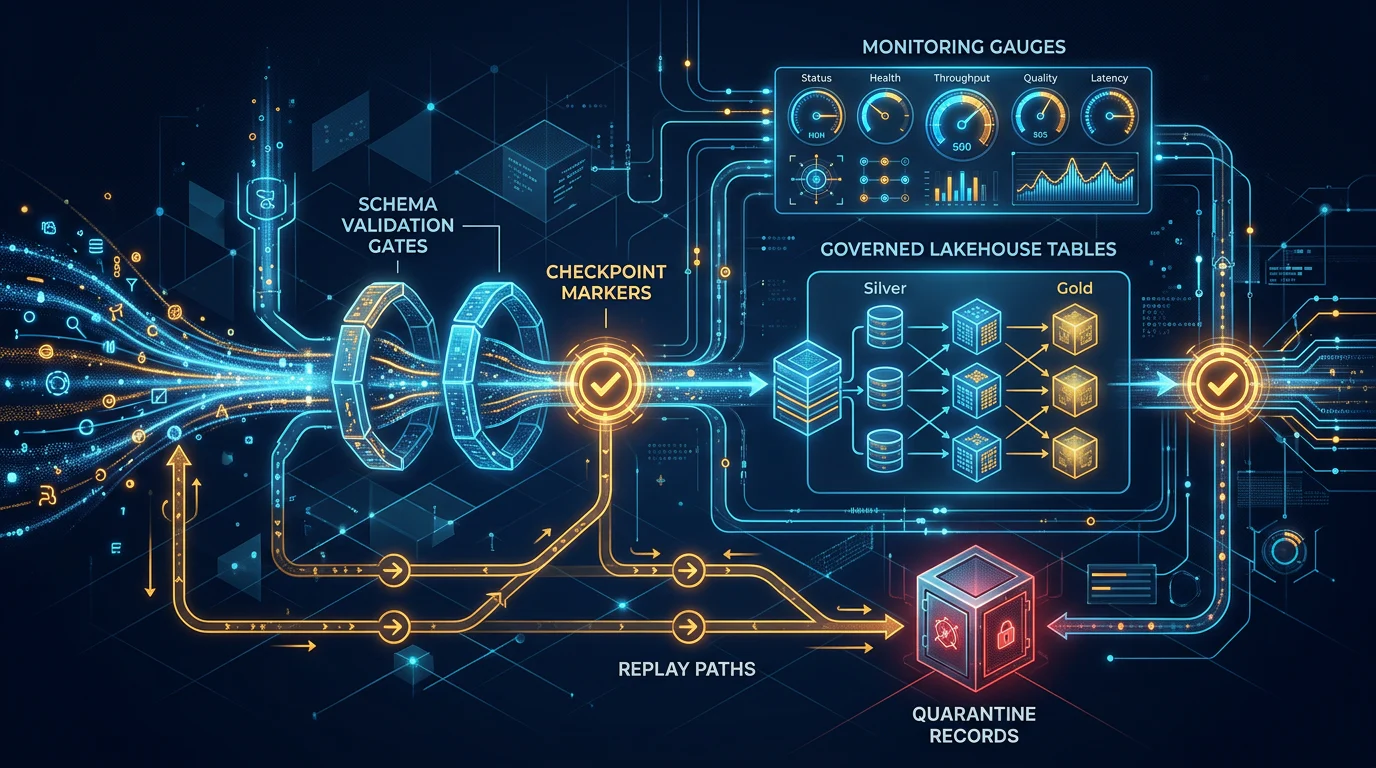 Data pipeline reliability controls including checkpoints and schema validation