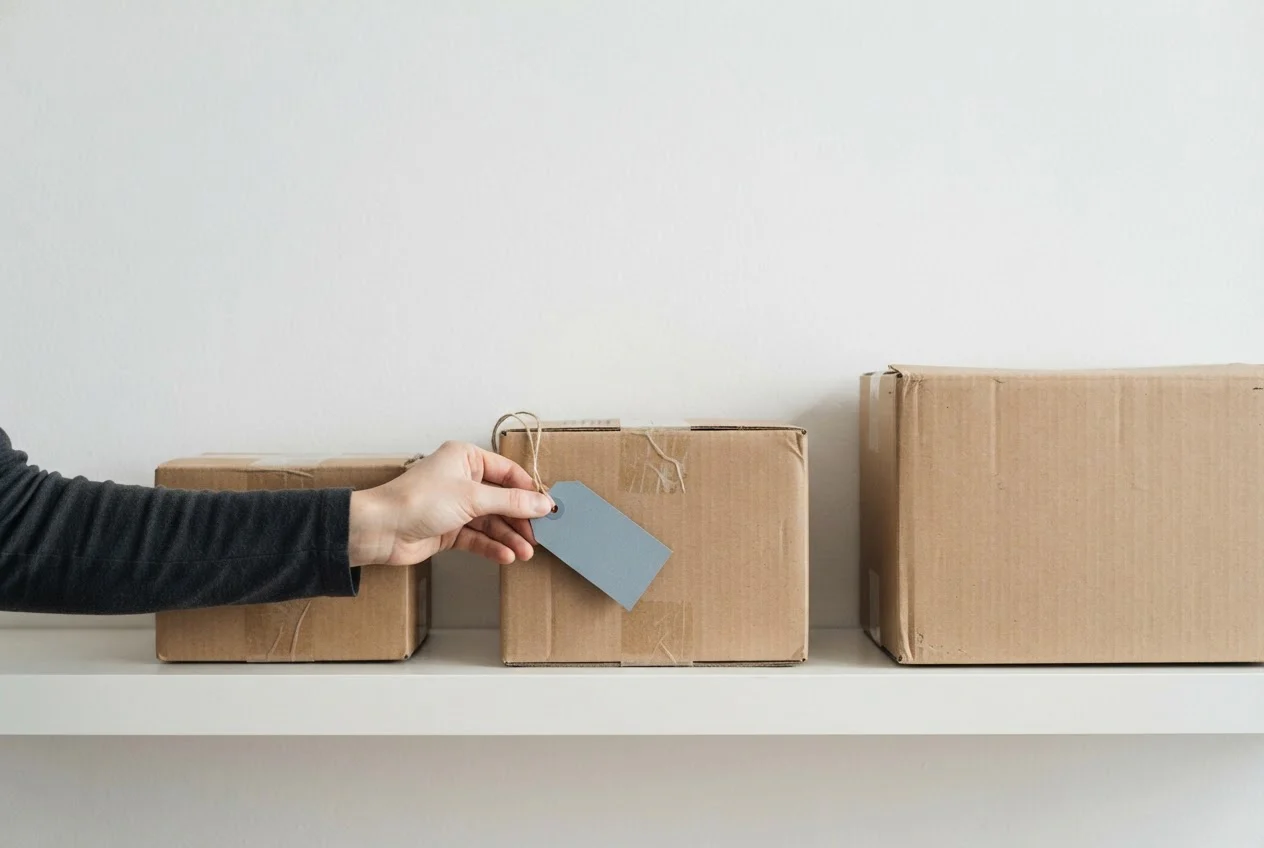 A hand sorts three boxes of different sizes on a shelf, tagging the middle one.