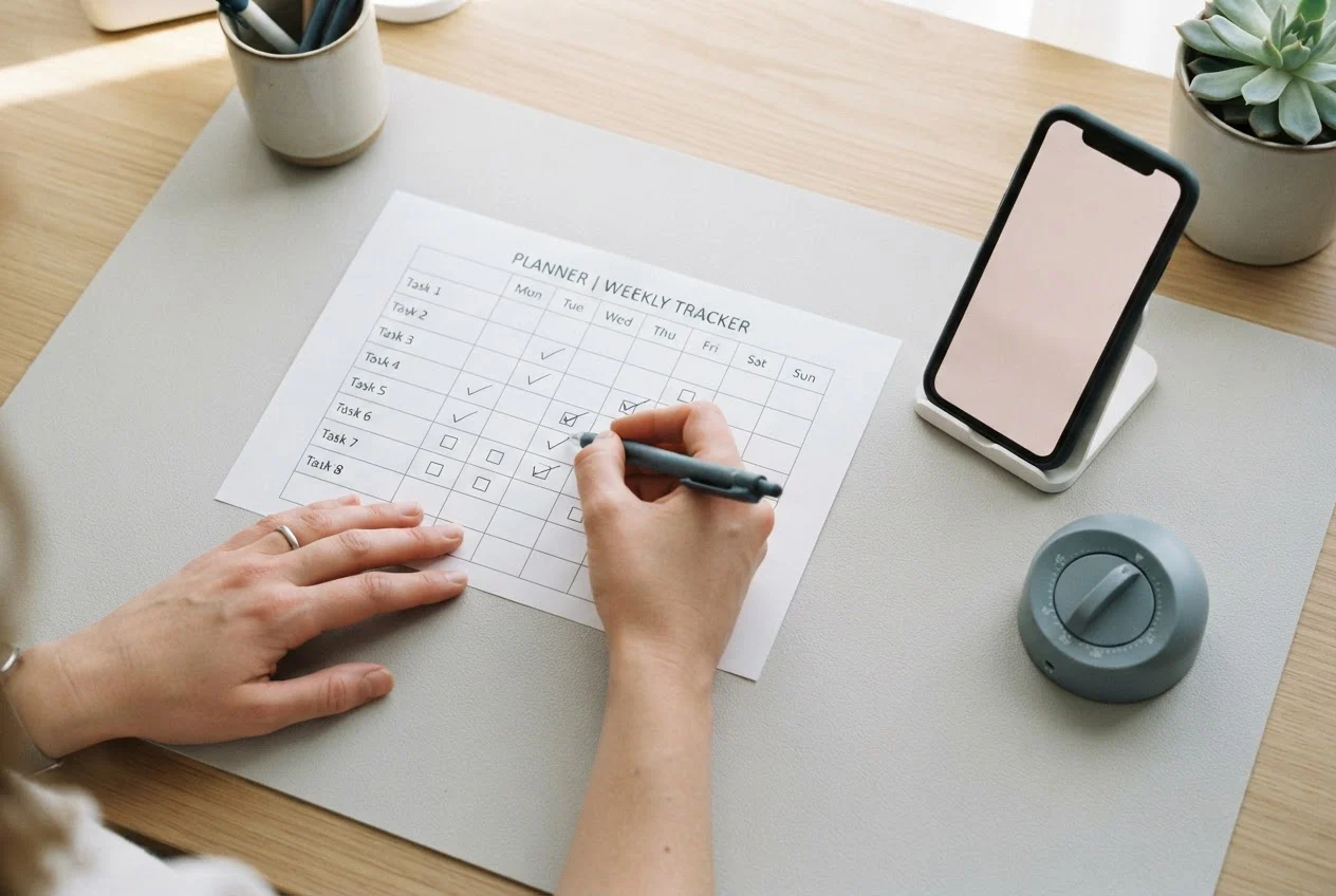 Hands mark rows on a printed grid beside a propped-up phone and a kitchen timer.