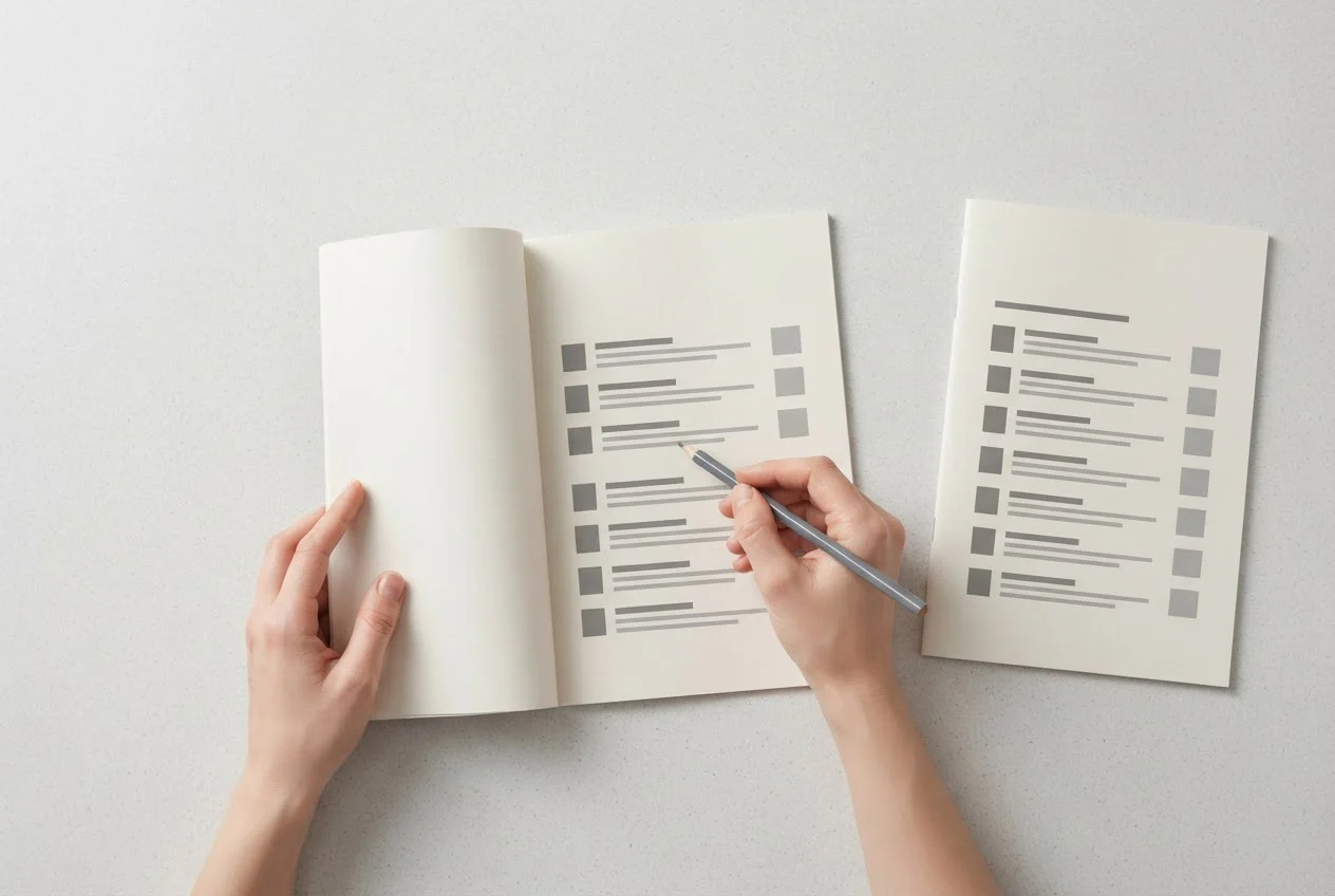 Hands compare two printed syllabus booklets on a desk while a pencil follows the first page of one.